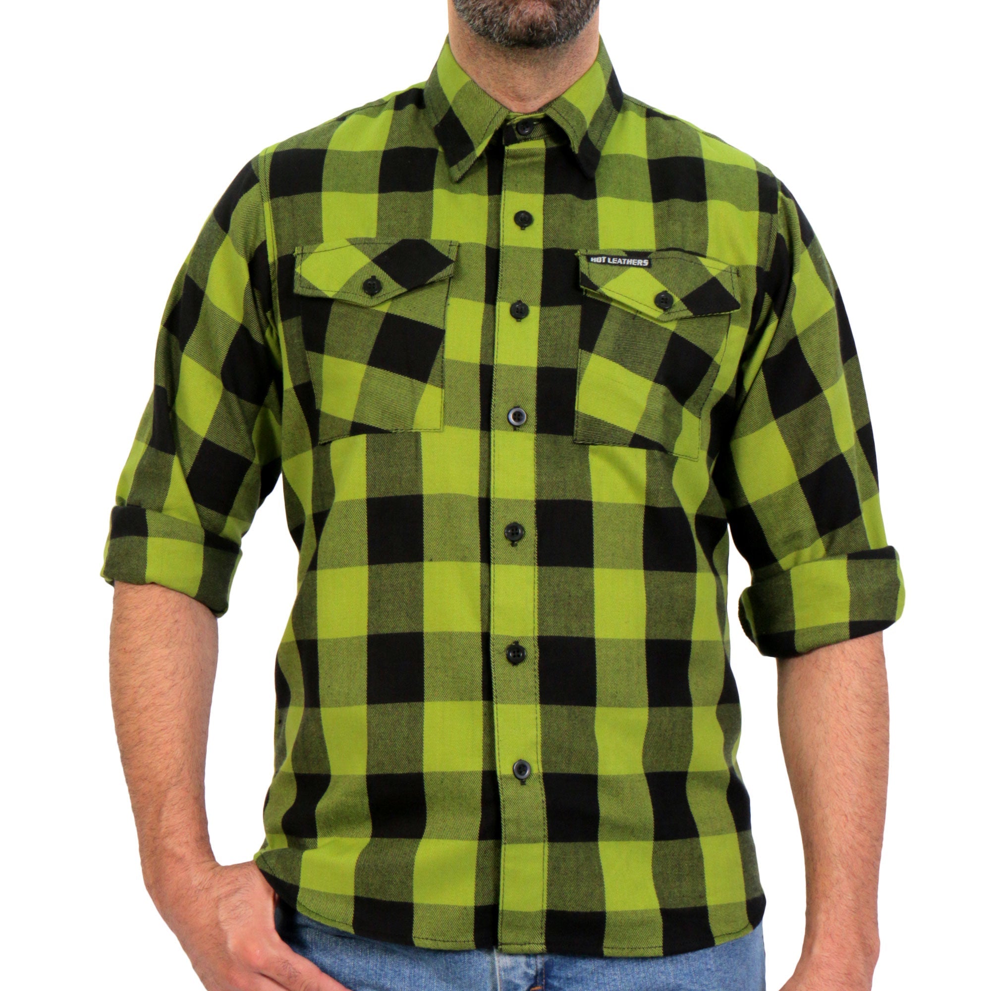 FLM2015 Men's Black and Light Green Long Sleeve Flannel