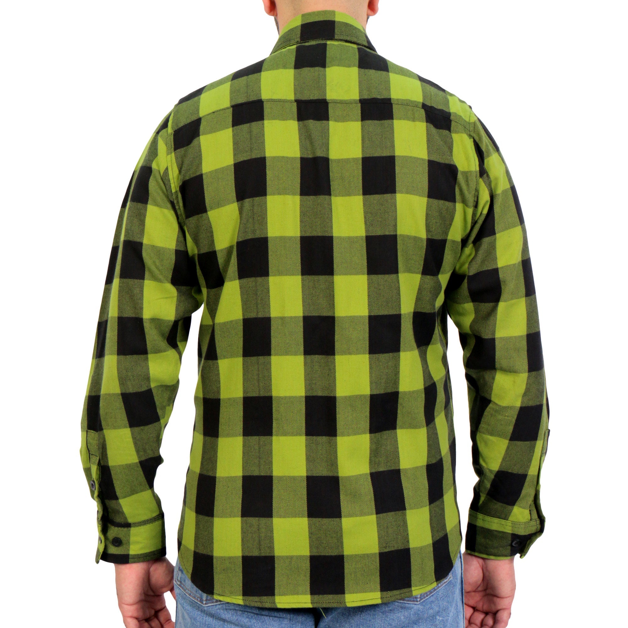 FLM2015 Men's Black and Light Green Long Sleeve Flannel