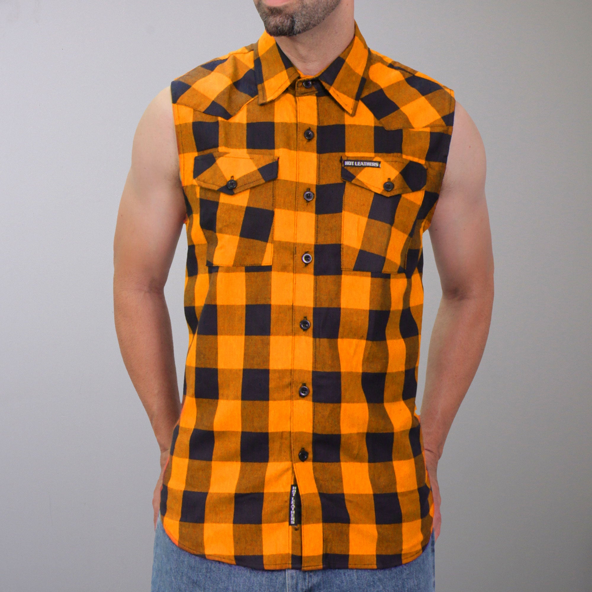 FLM5003 Men’s Black and Orange Sleeveless Cotton Flannel Shirt