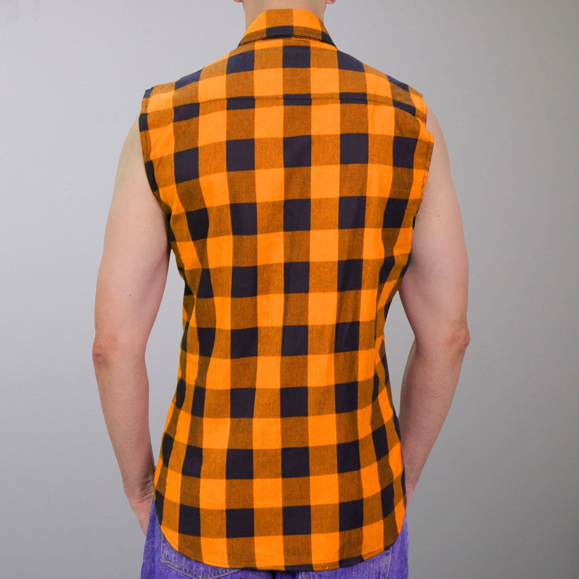 FLM5003 Men’s Black and Orange Sleeveless Cotton Flannel Shirt