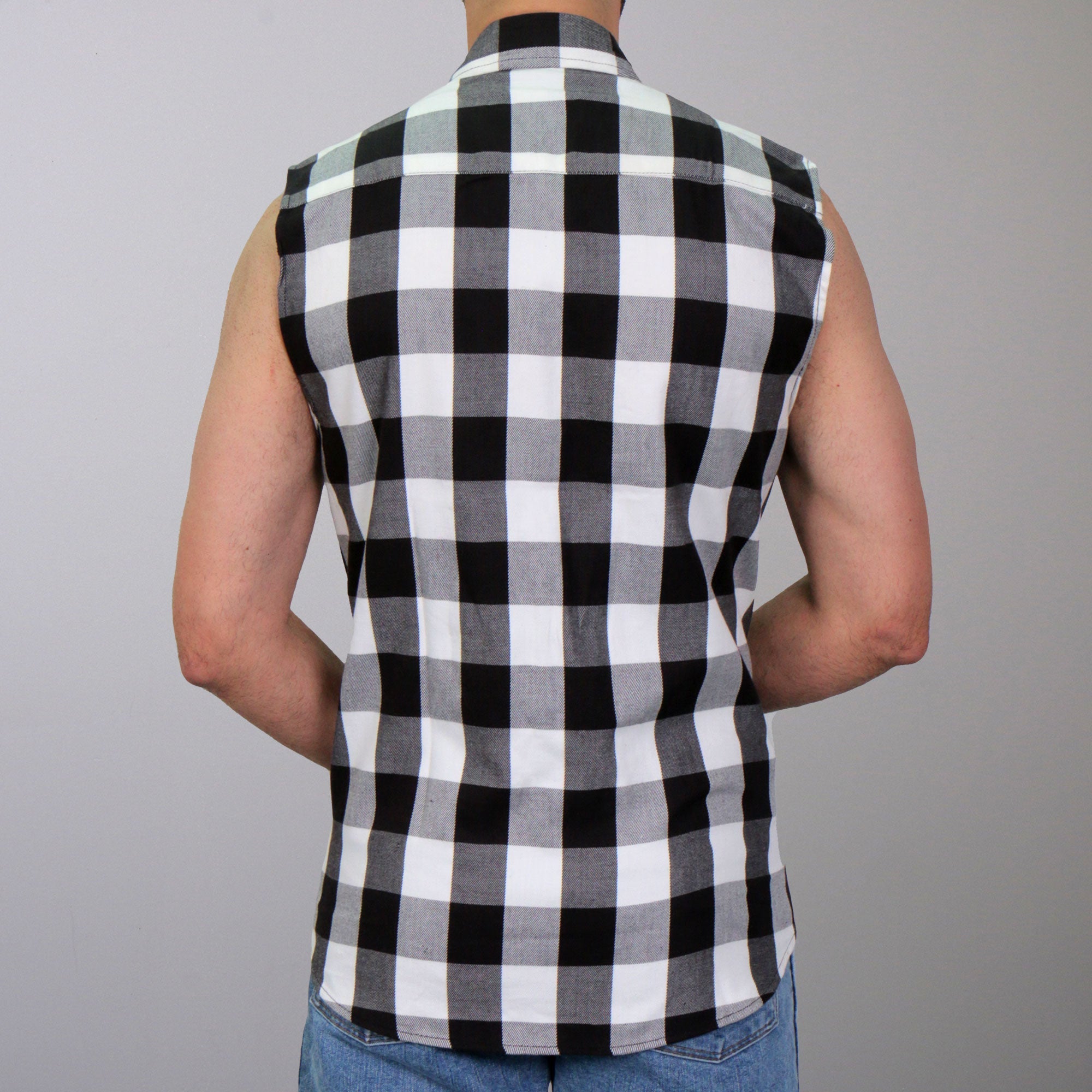 FLM5004 Men’s Black and White Sleeveless Cotton Flannel Shirt