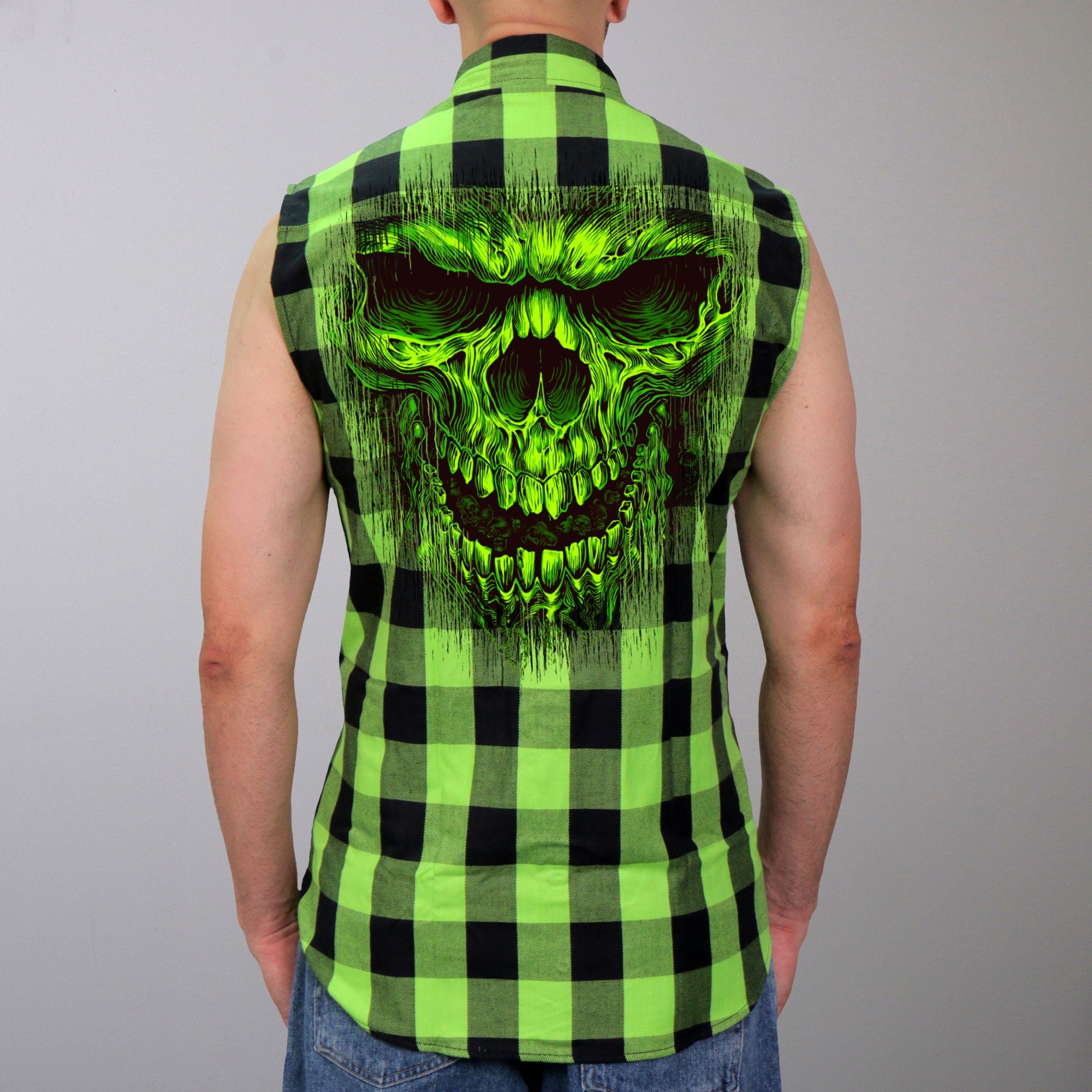 GMS3492 Men’s Black and Green Shredder Skull Sleeveles Flannel Shirt