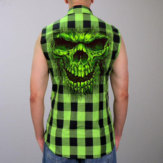 GMS3492 Men’s Black and Green Shredder Skull Sleeveles Flannel Shirt