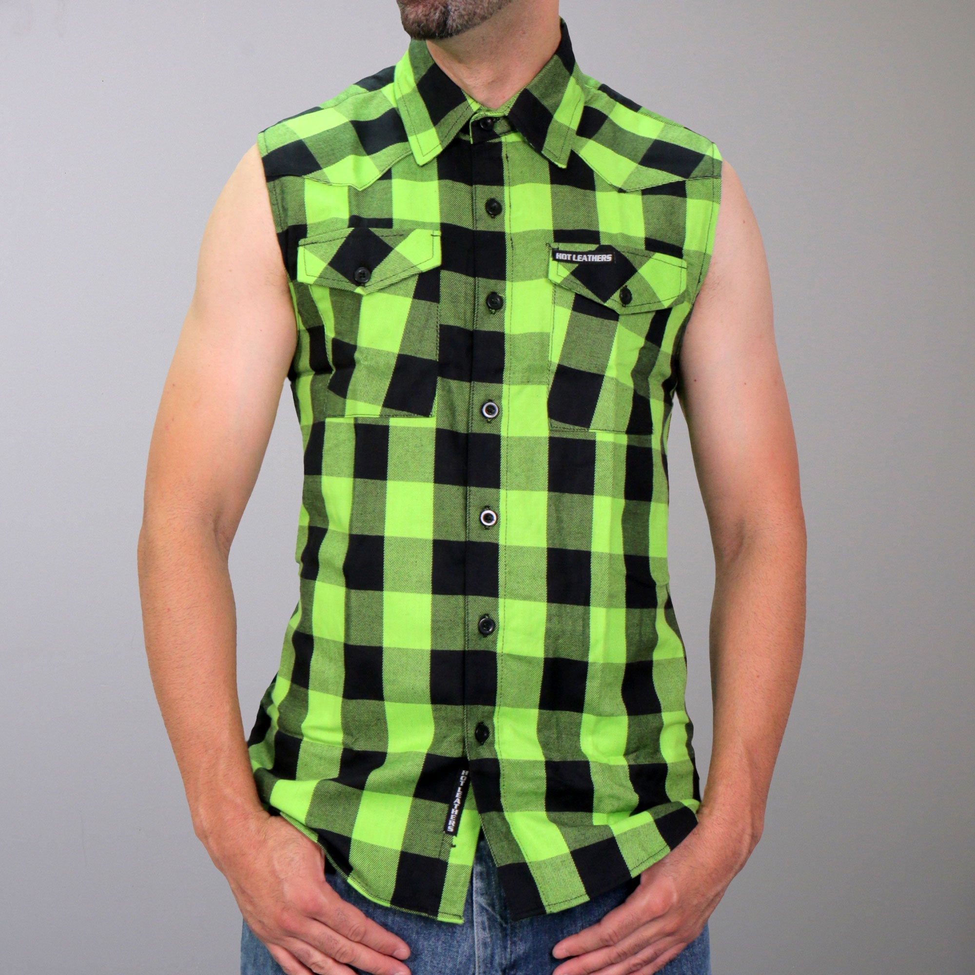GMS3492 Men’s Black and Green Shredder Skull Sleeveles Flannel Shirt