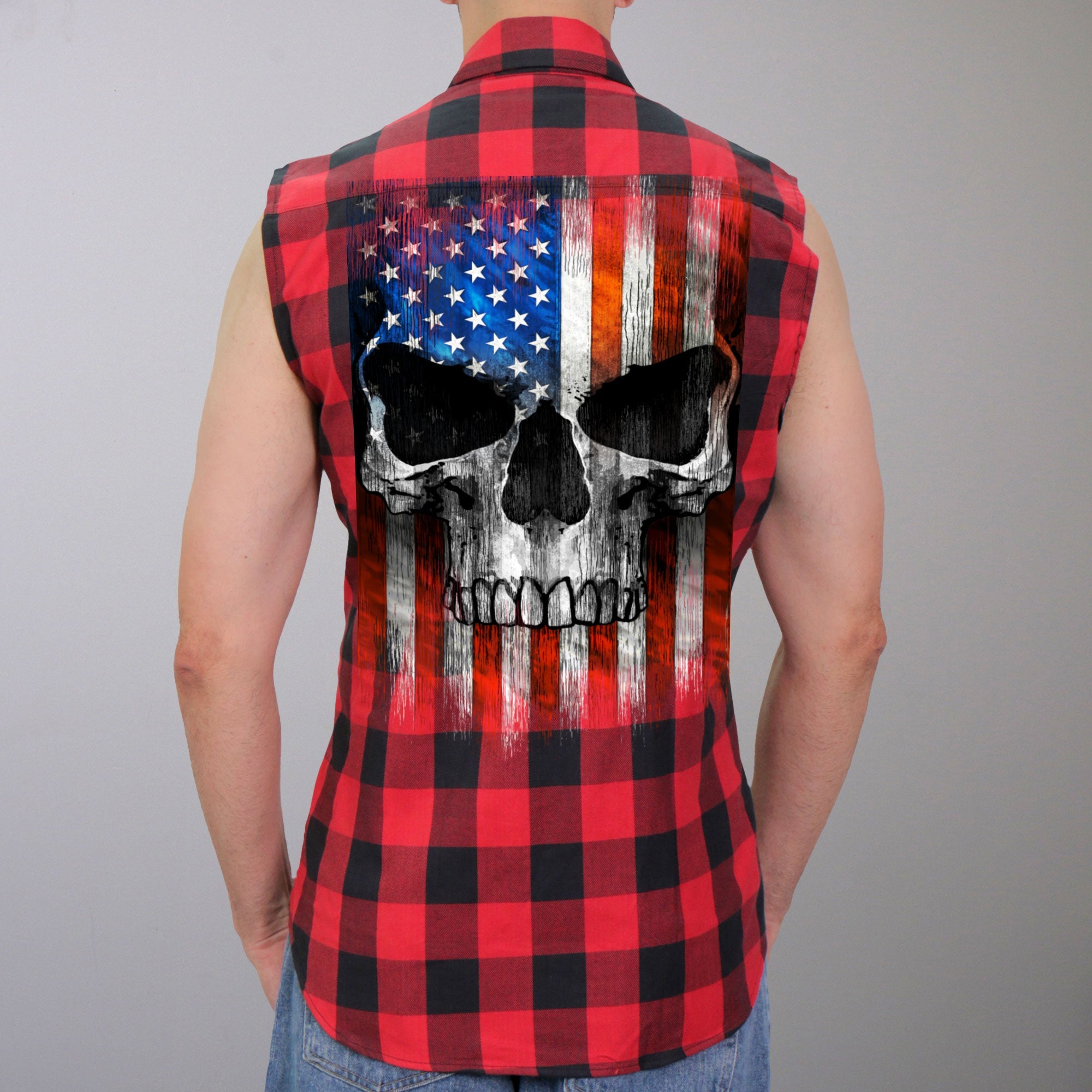 GMS3491 Men’s Black and Red Patriot Skull Sleeveless Flannel Shirt