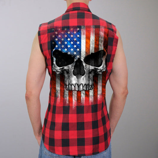 GMS3491 Men’s Black and Red Patriot Skull Sleeveless Flannel Shirt