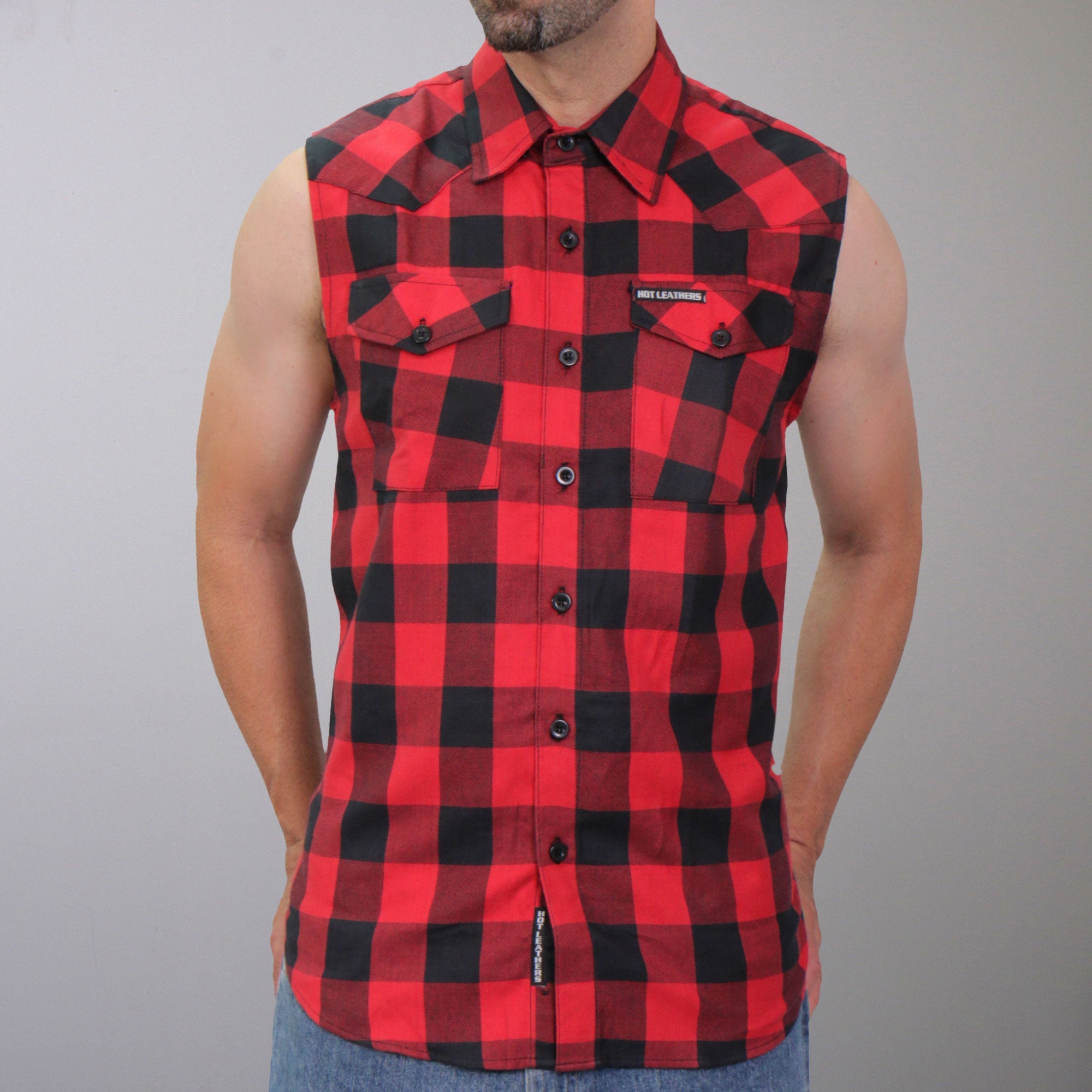 GMS3491 Men’s Black and Red Patriot Skull Sleeveless Flannel Shirt
