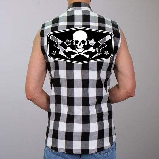 GMS3490 Men’s Black and White Skull Sleeveless Flannel Shirt