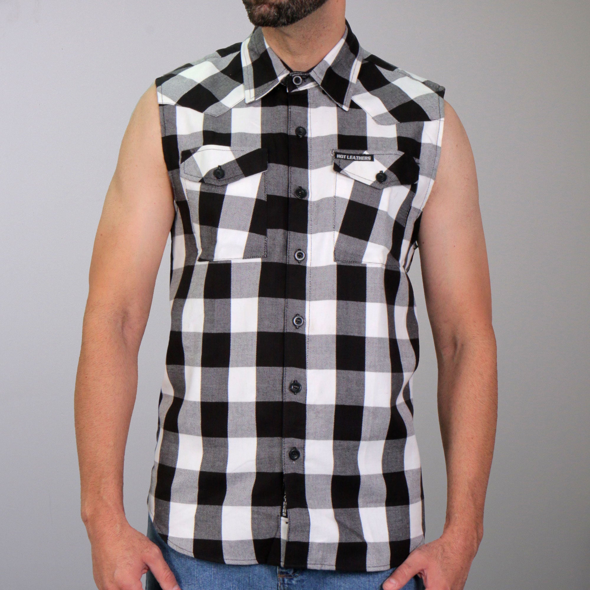 GMS3490 Men’s Black and White Skull Sleeveless Flannel Shirt