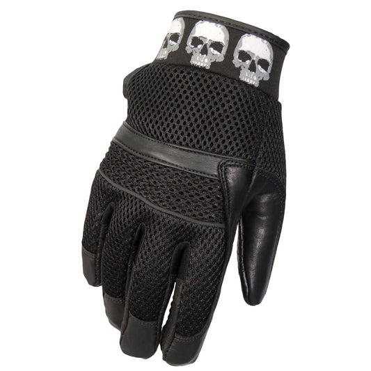 GVM1301 Uni-Sex Black 'Row of Skulls' Leather and Mesh Gloves