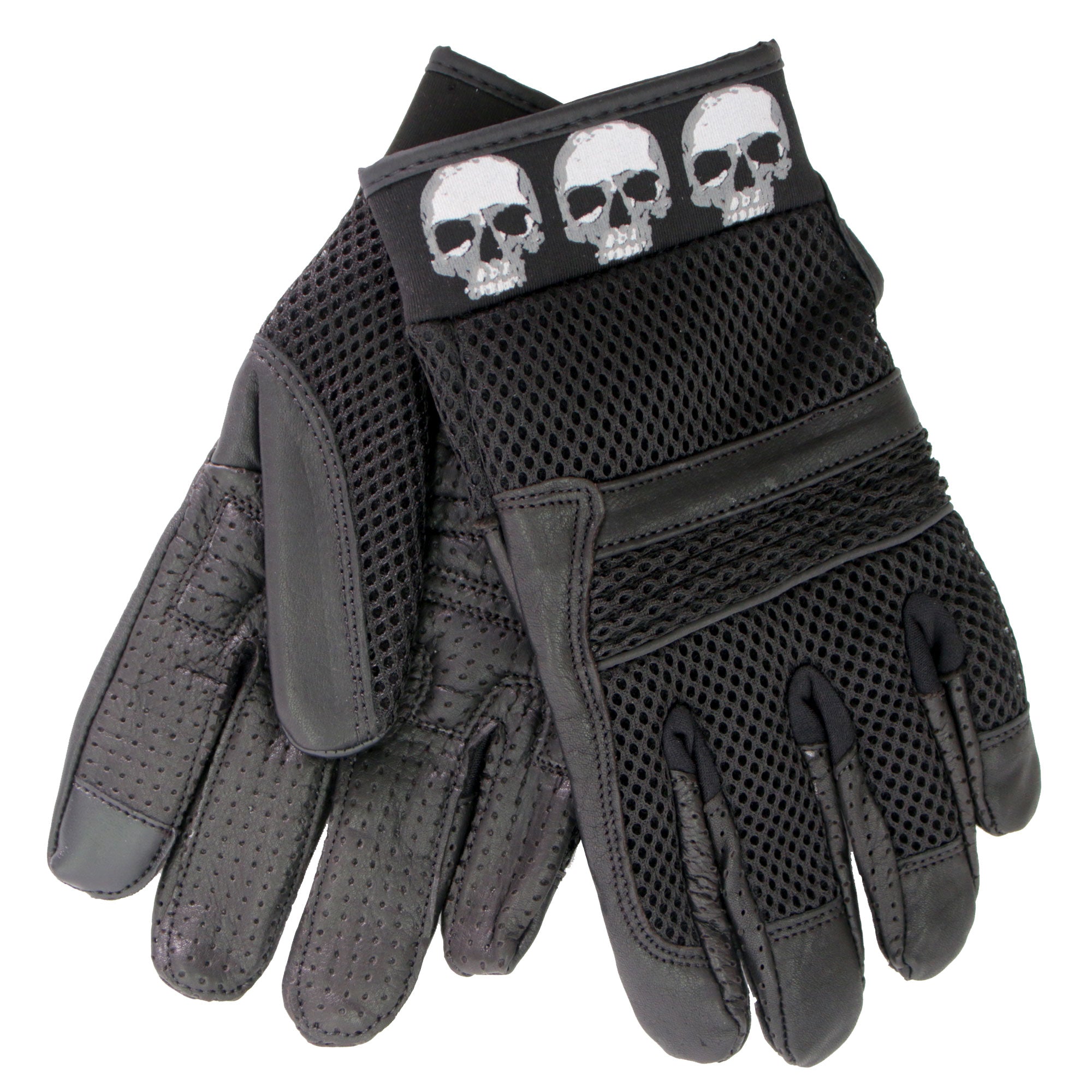 GVM1301 Uni-Sex Black 'Row of Skulls' Leather and Mesh Gloves