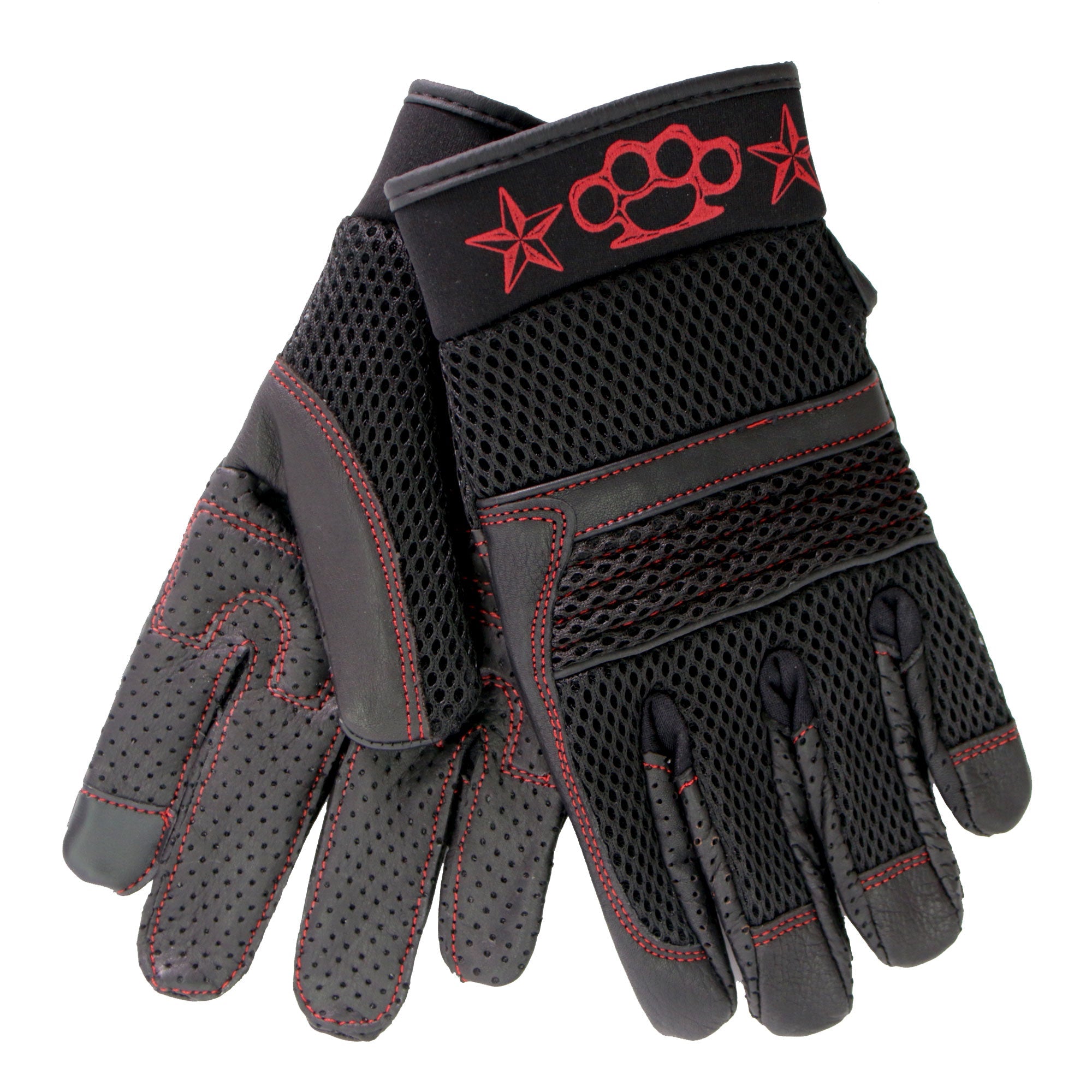 GVM1302 Uni-Sex Black 'Brass Knuckles' Leather and Mesh Gloves