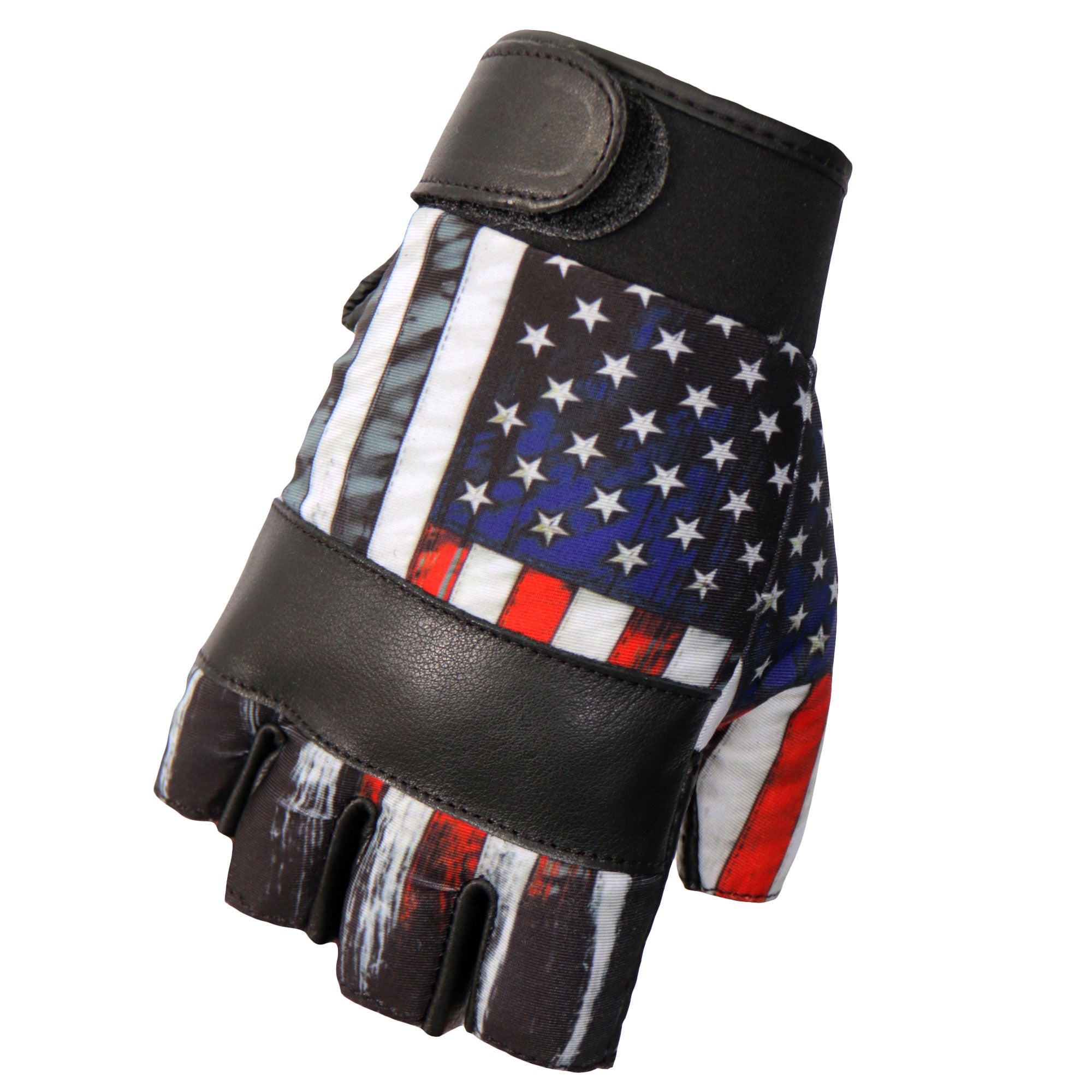 GVM3008 Black 'Heartbeat USA Flag' Fingerless Leather Gloves