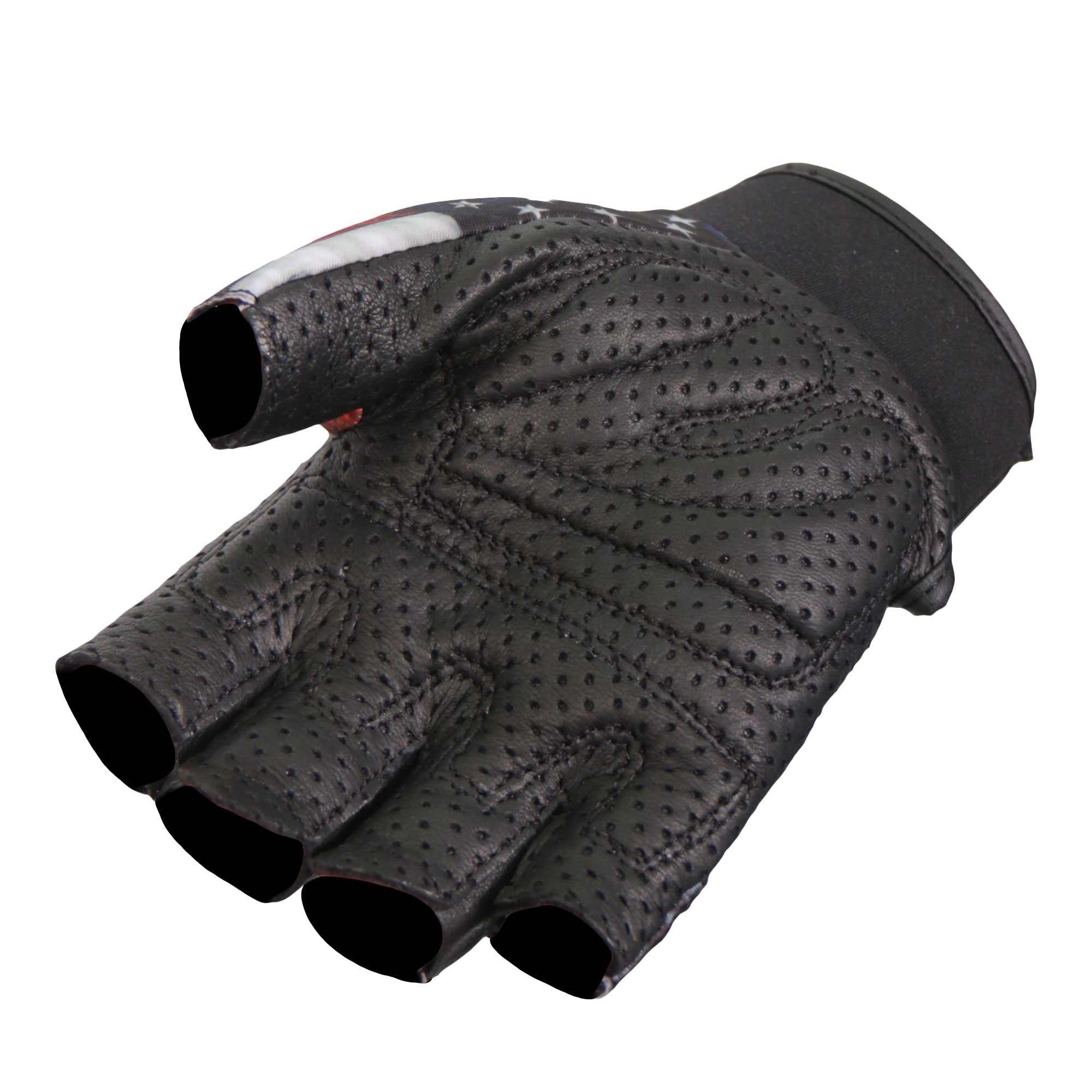 GVM3008 Black 'Heartbeat USA Flag' Fingerless Leather Gloves