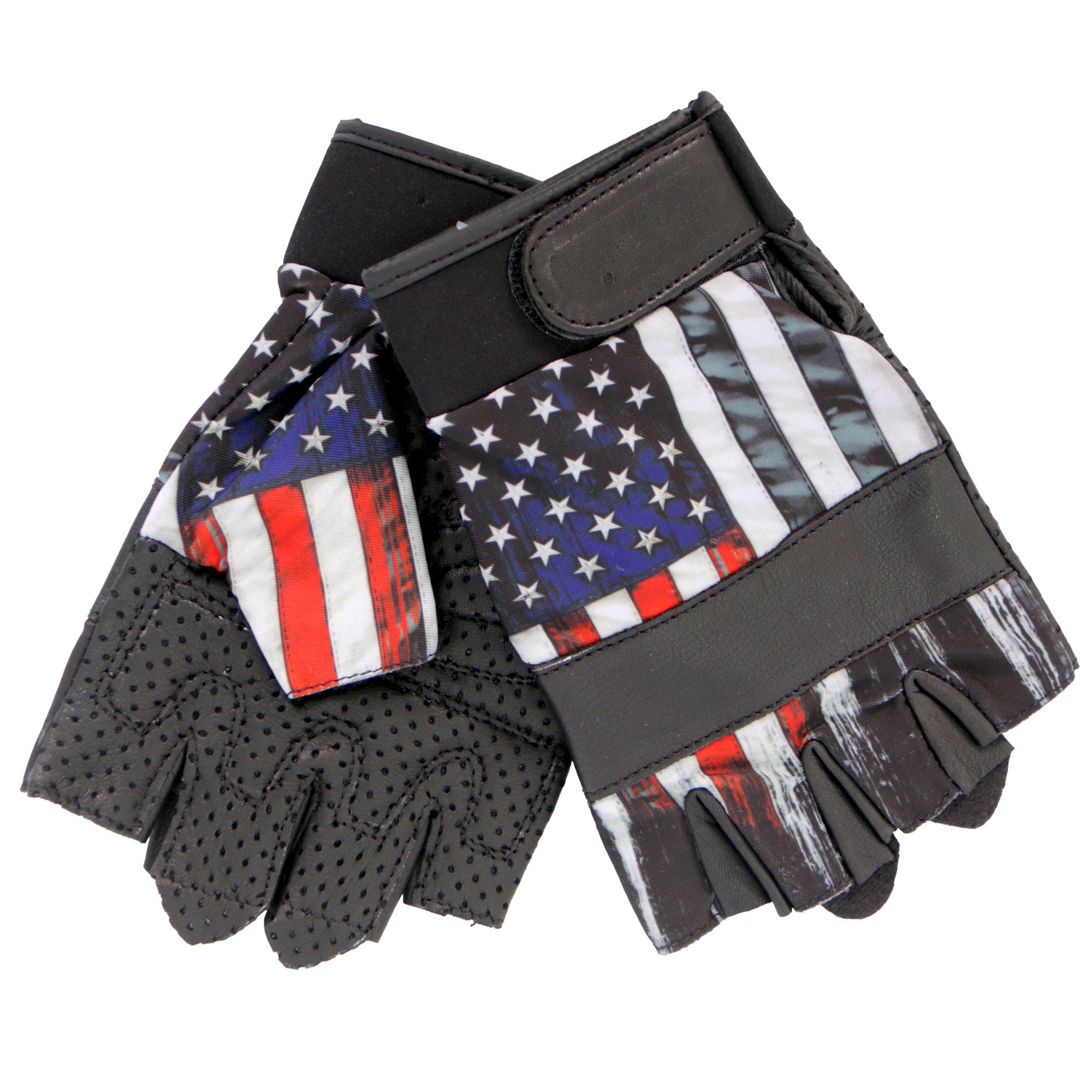 GVM3008 Black 'Heartbeat USA Flag' Fingerless Leather Gloves