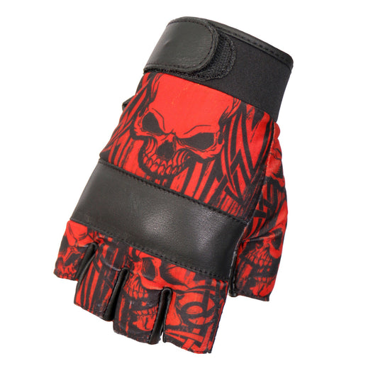 GVM3010 Uni-Sex Black 'Red Skull' Fingerless Leather Gloves