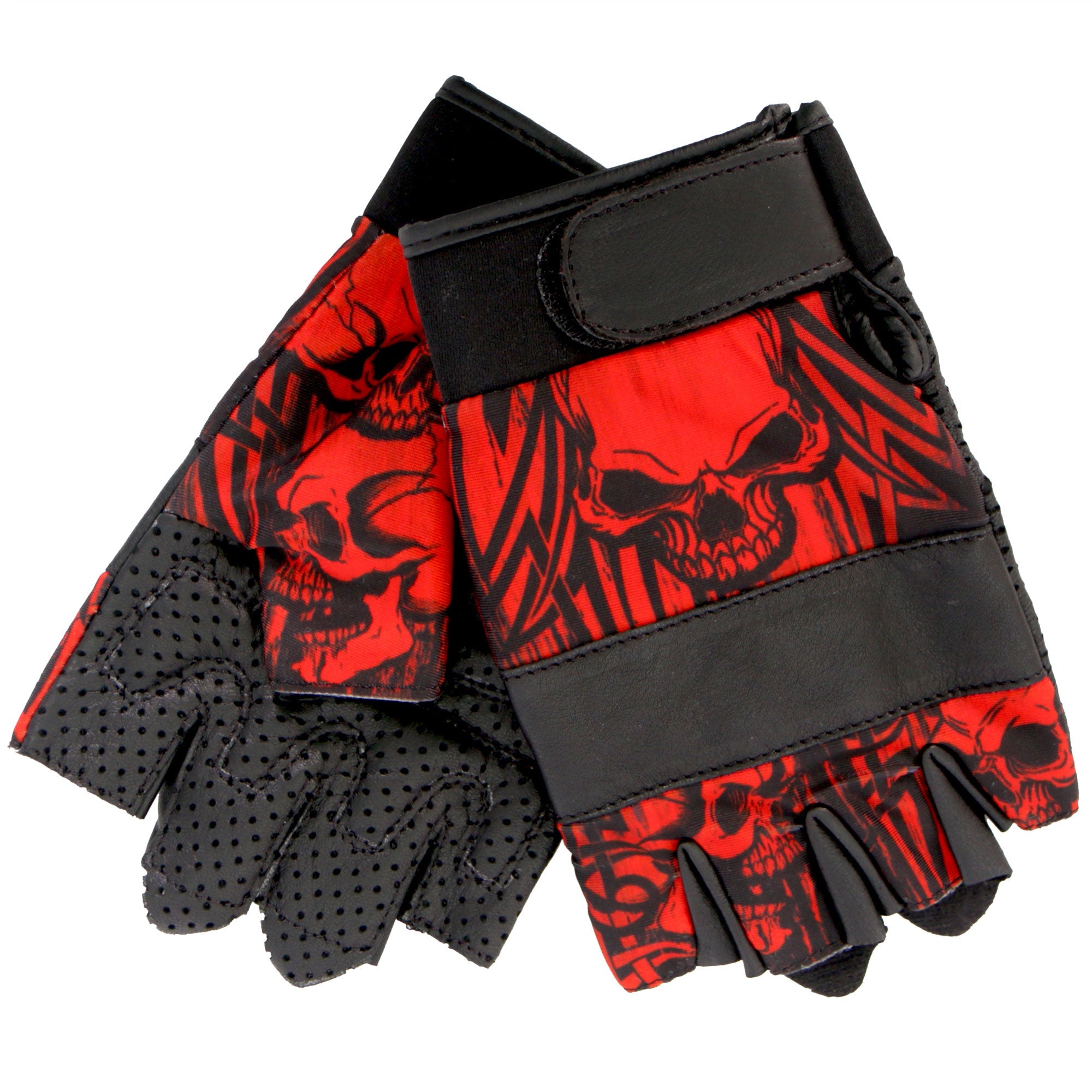 GVM3010 Uni-Sex Black 'Red Skull' Fingerless Leather Gloves