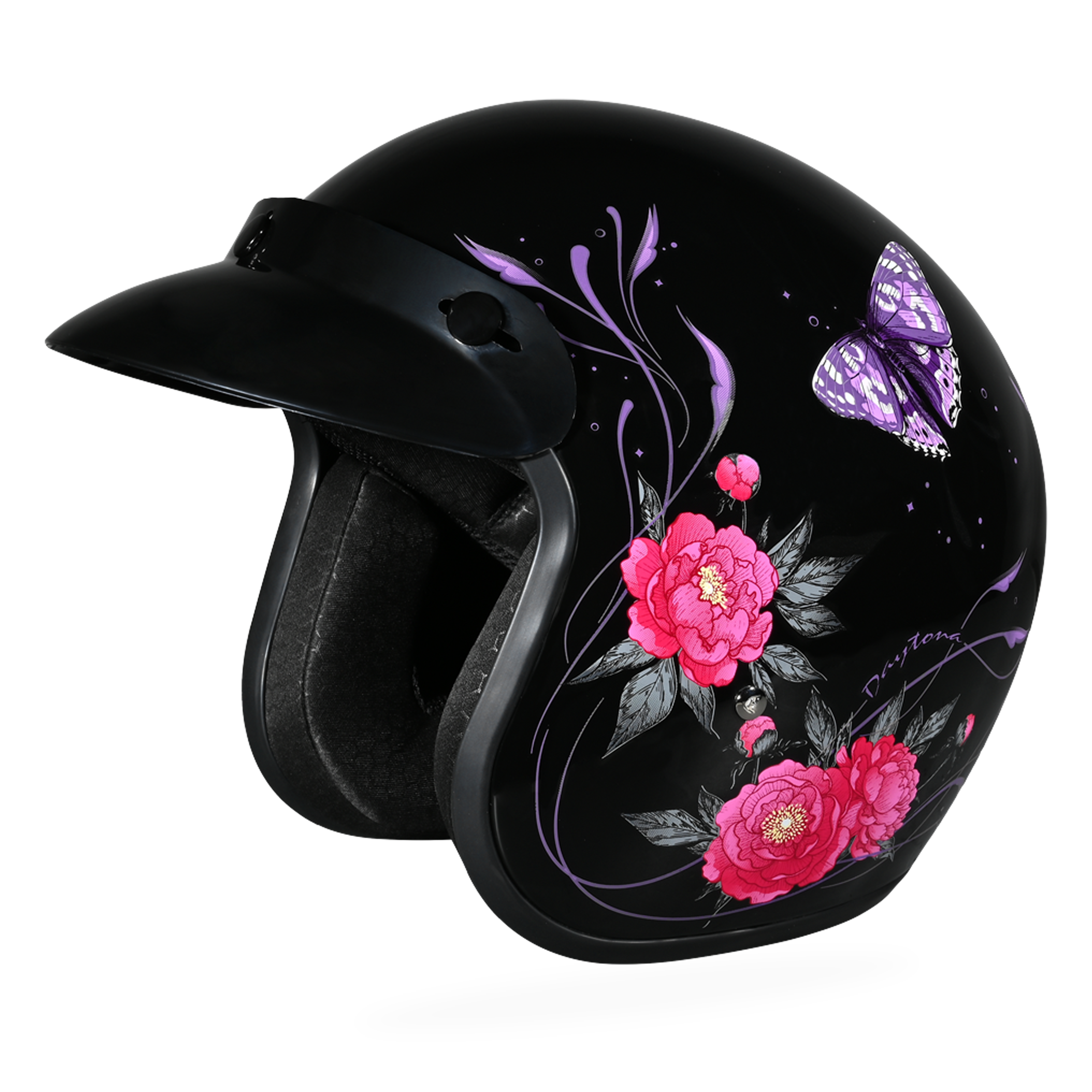 DOT Approved Daytona Cruiser Open Face Motorcycle Helmet - Men, Women & Youth - With Visor & Graphics - W/ Butterfly