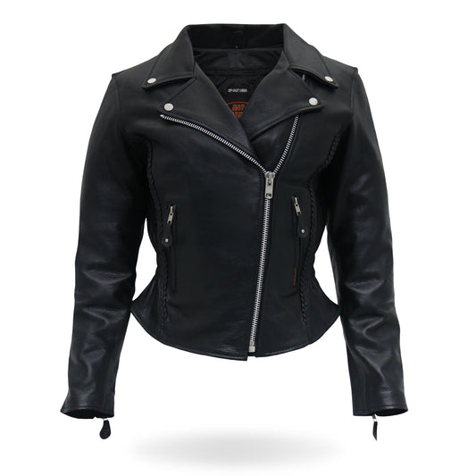 JKL1009 Ladies Braided Motorcycle Leather Biker Jacket