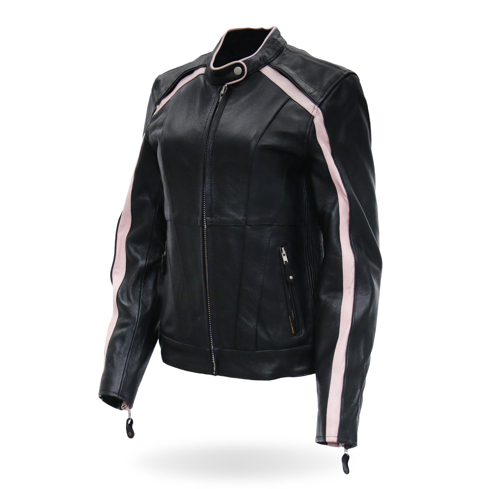 JKL1022 Pink Striped Motorcycle Leather Biker Jacket with Reflective Piping