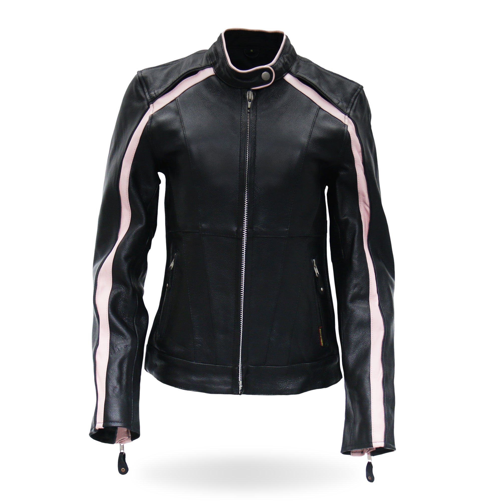 JKL1022 Pink Striped Motorcycle Leather Biker Jacket with Reflective Piping