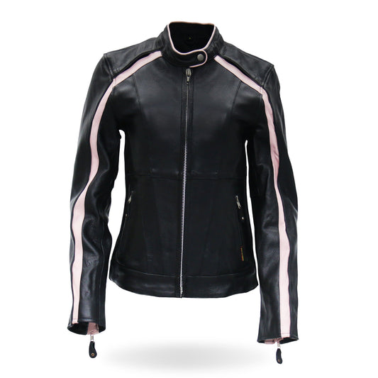 JKL1022 Pink Striped Motorcycle Leather Biker Jacket with Reflective Piping