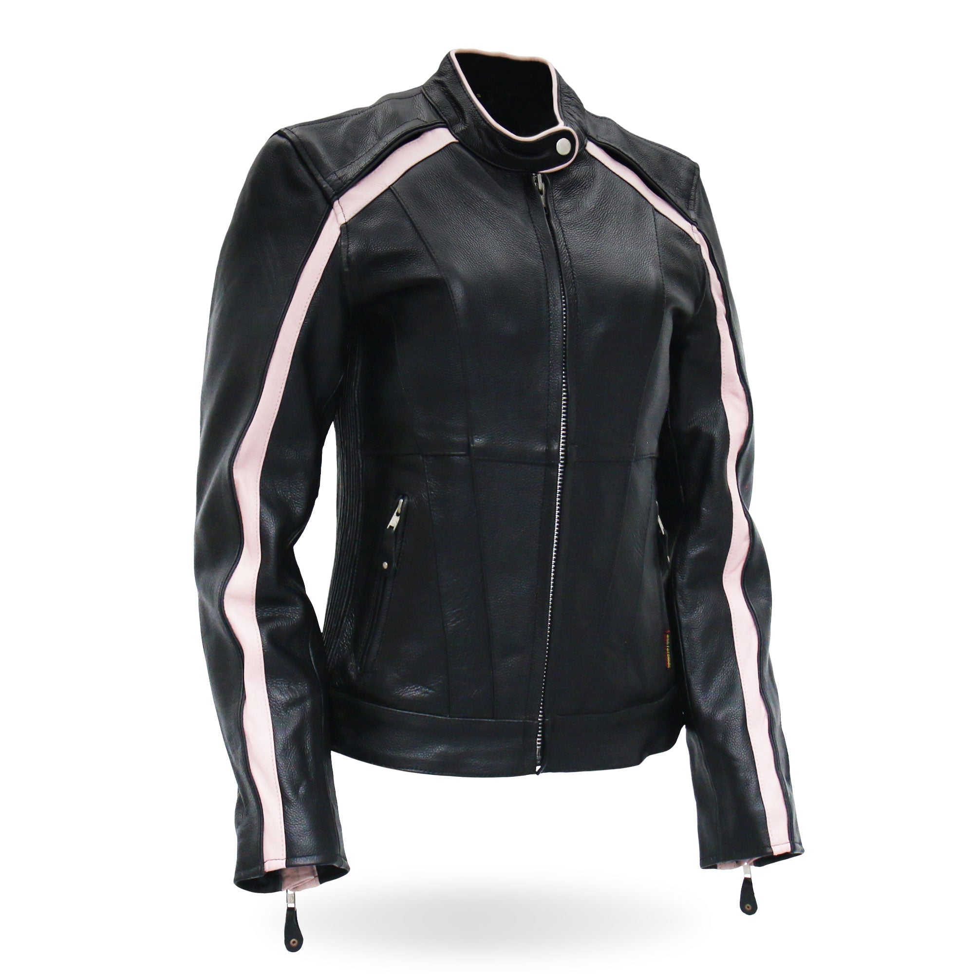 JKL1022 Pink Striped Motorcycle Leather Biker Jacket with Reflective Piping