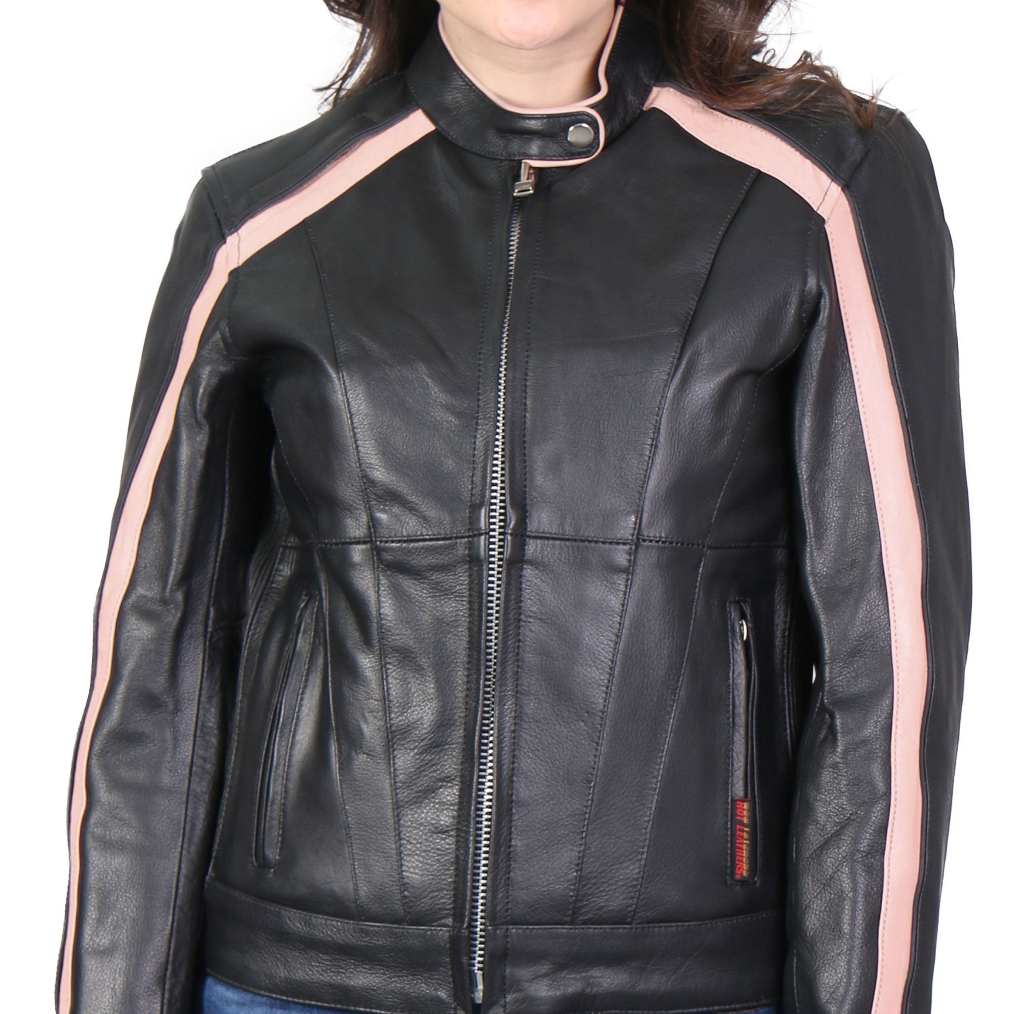 JKL1022 Pink Striped Motorcycle Leather Biker Jacket with Reflective Piping