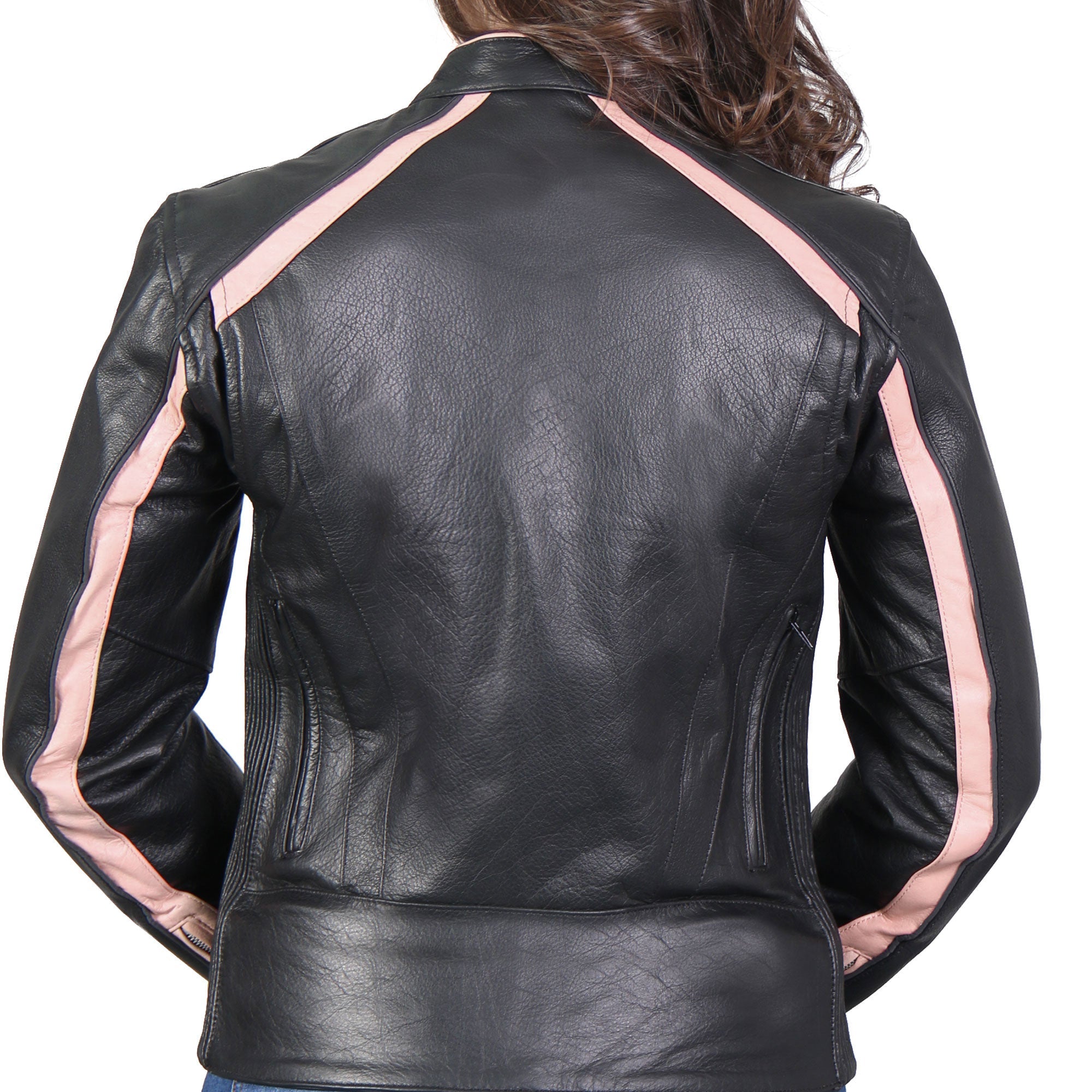 JKL1022 Pink Striped Motorcycle Leather Biker Jacket with Reflective Piping