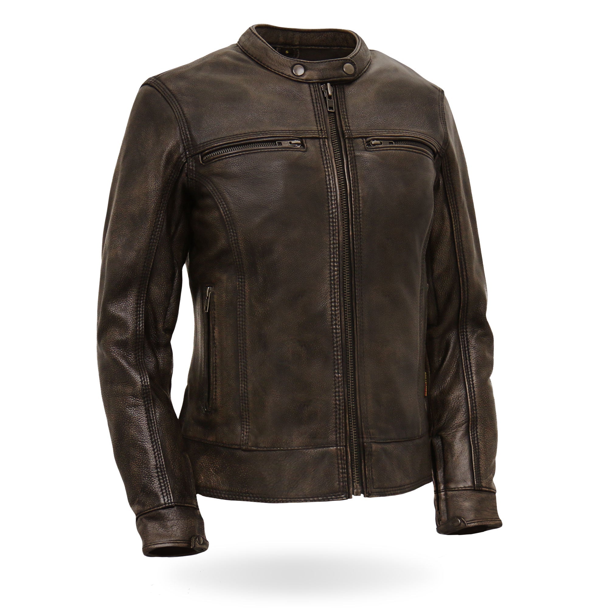 JKL1024 Ladies Distressed Brown Motorcycle Leather Biker Jacket with  Concealed carry Pockets