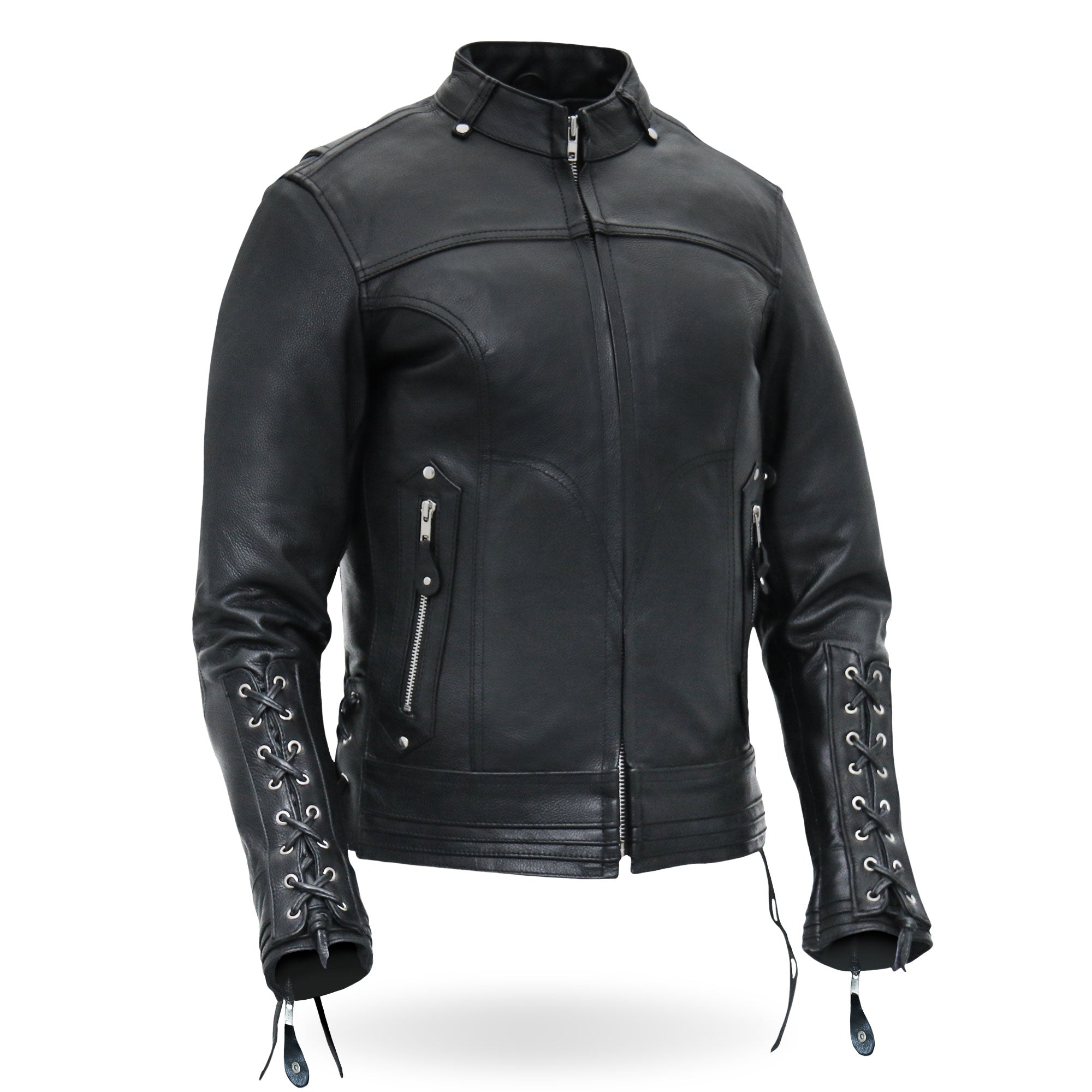 JKL1025 Ladies Motorcycle style Lace Up Sleeves Leather Biker Jacket