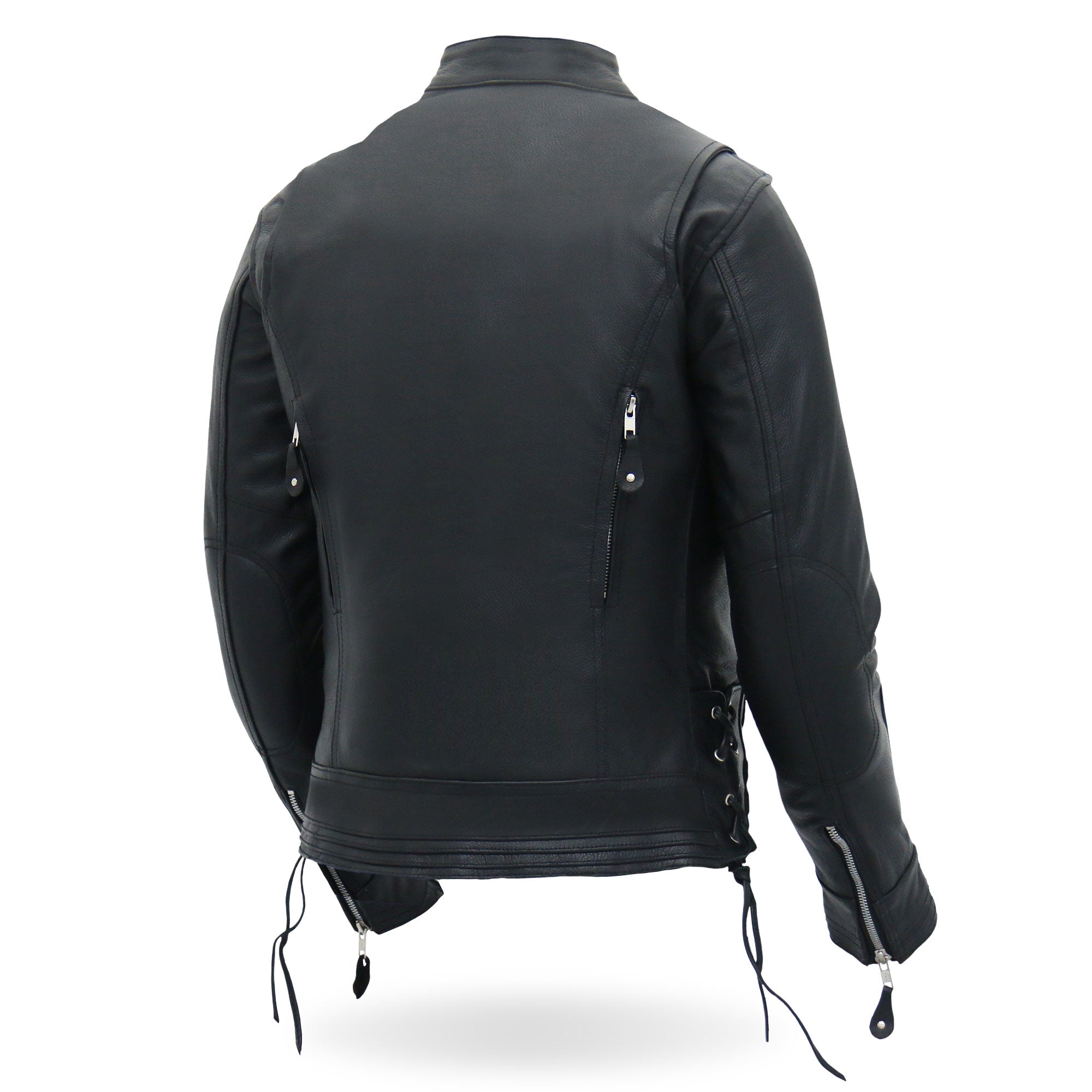 JKL1025 Ladies Motorcycle style Lace Up Sleeves Leather Biker Jacket