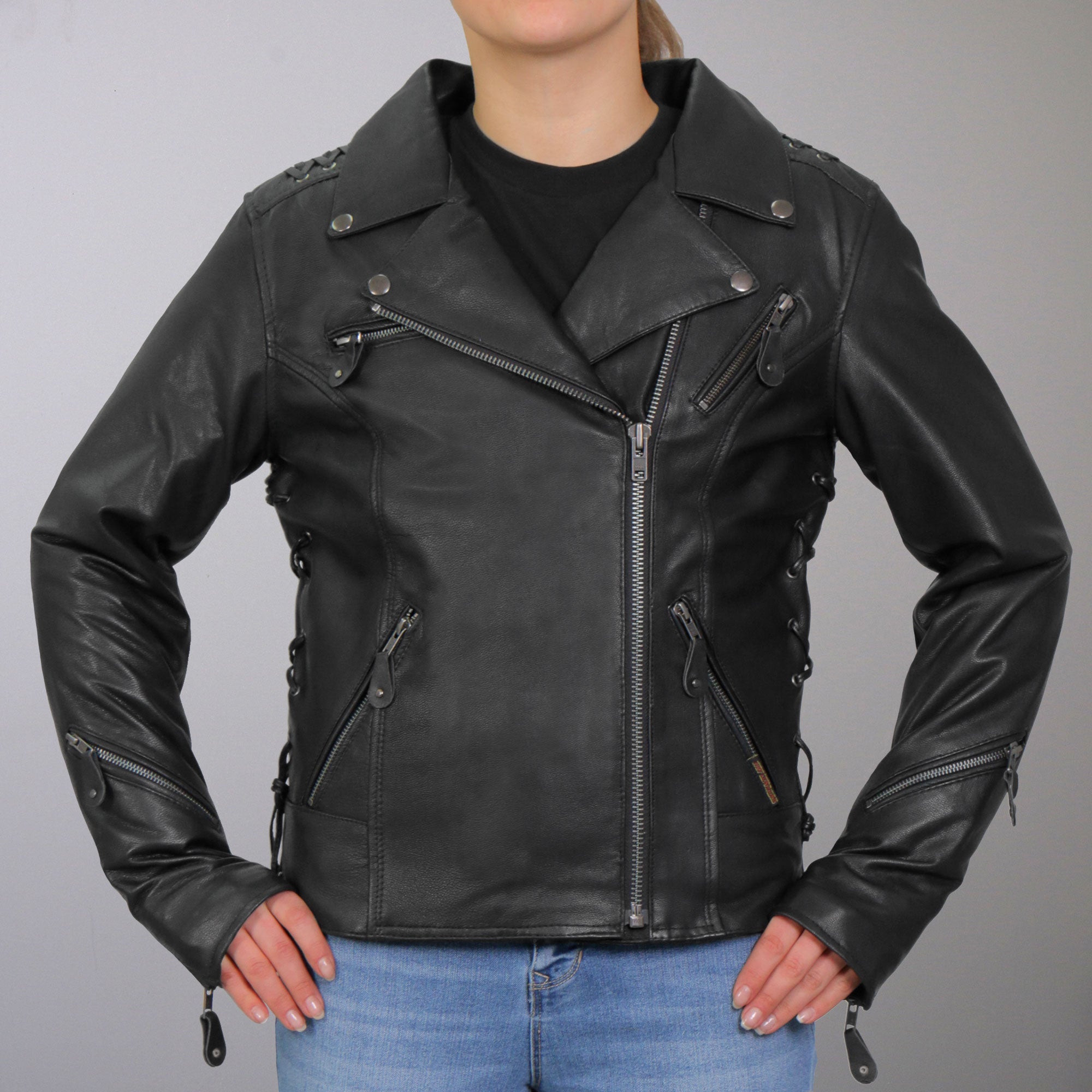 JKL1027 Ladies Black Lace Detail Carry Conceal Leather Motorcycle Biker Jacket