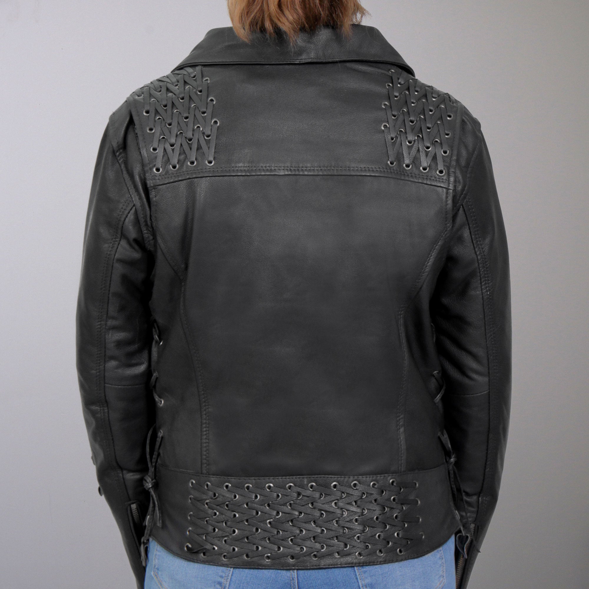 JKL1027 Ladies Black Lace Detail Carry Conceal Leather Motorcycle Biker Jacket