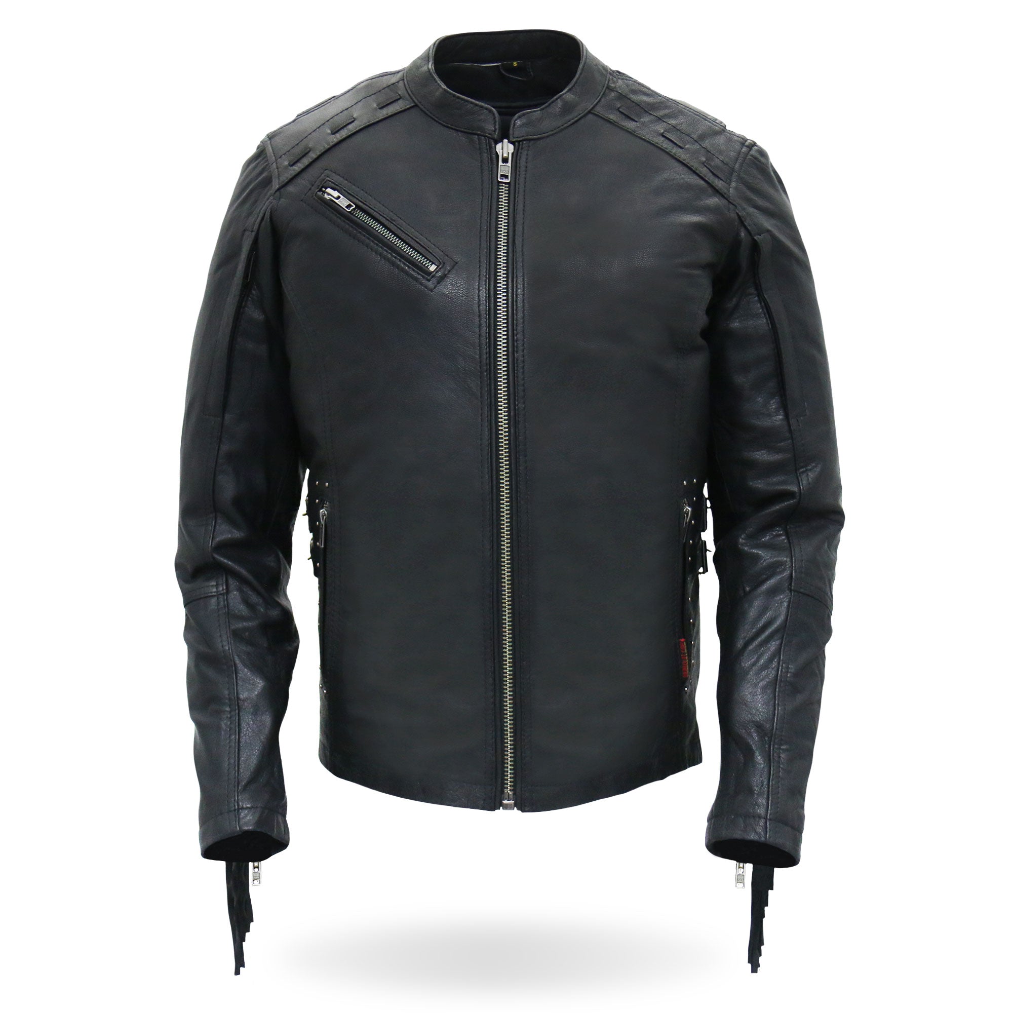 JKL1028 Studs and Fringe Ladies Black Motorcycle style Carry Conceal Leather Biker Jacket