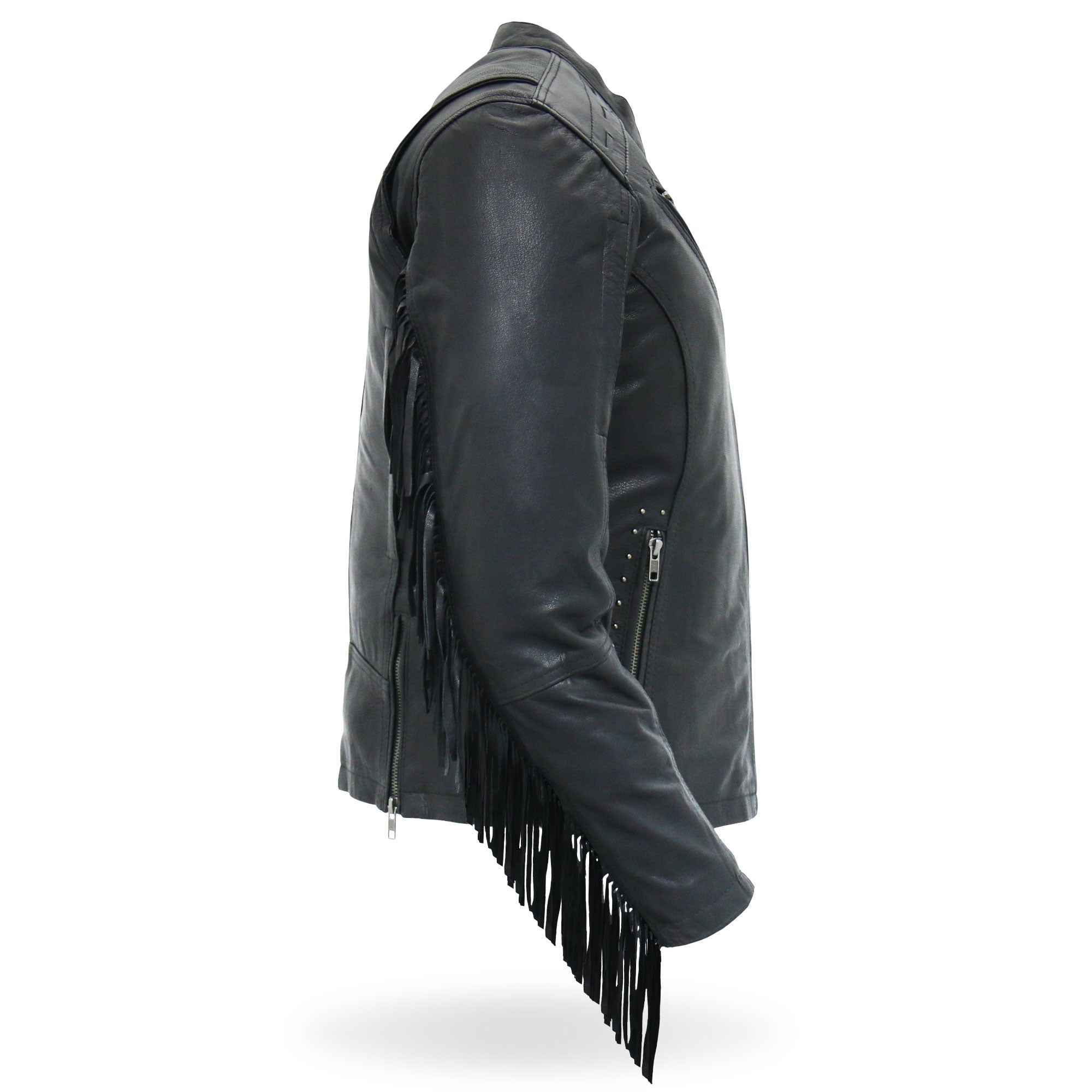 JKL1028 Studs and Fringe Ladies Black Motorcycle style Carry Conceal Leather Biker Jacket