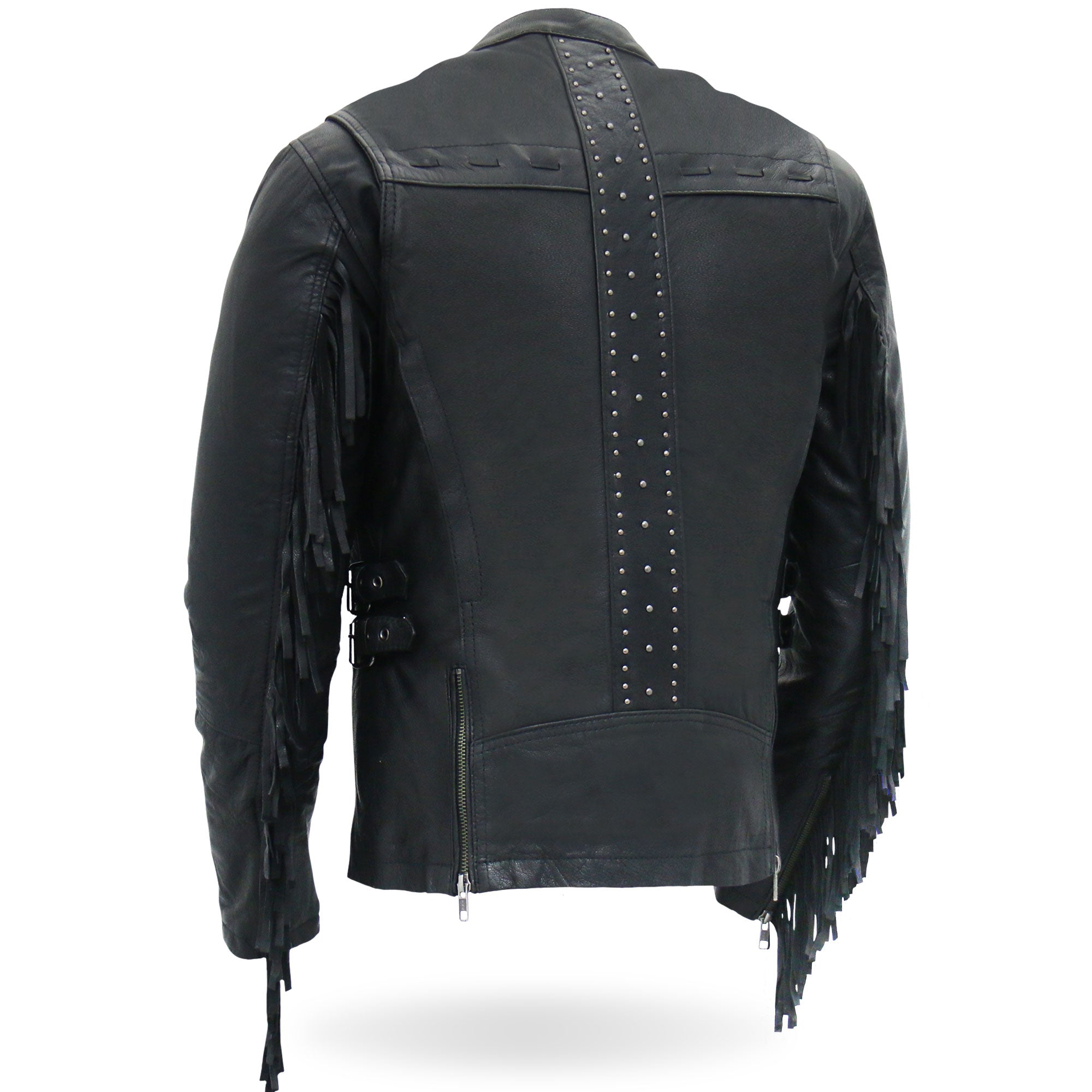 JKL1028 Studs and Fringe Ladies Black Motorcycle style Carry Conceal Leather Biker Jacket