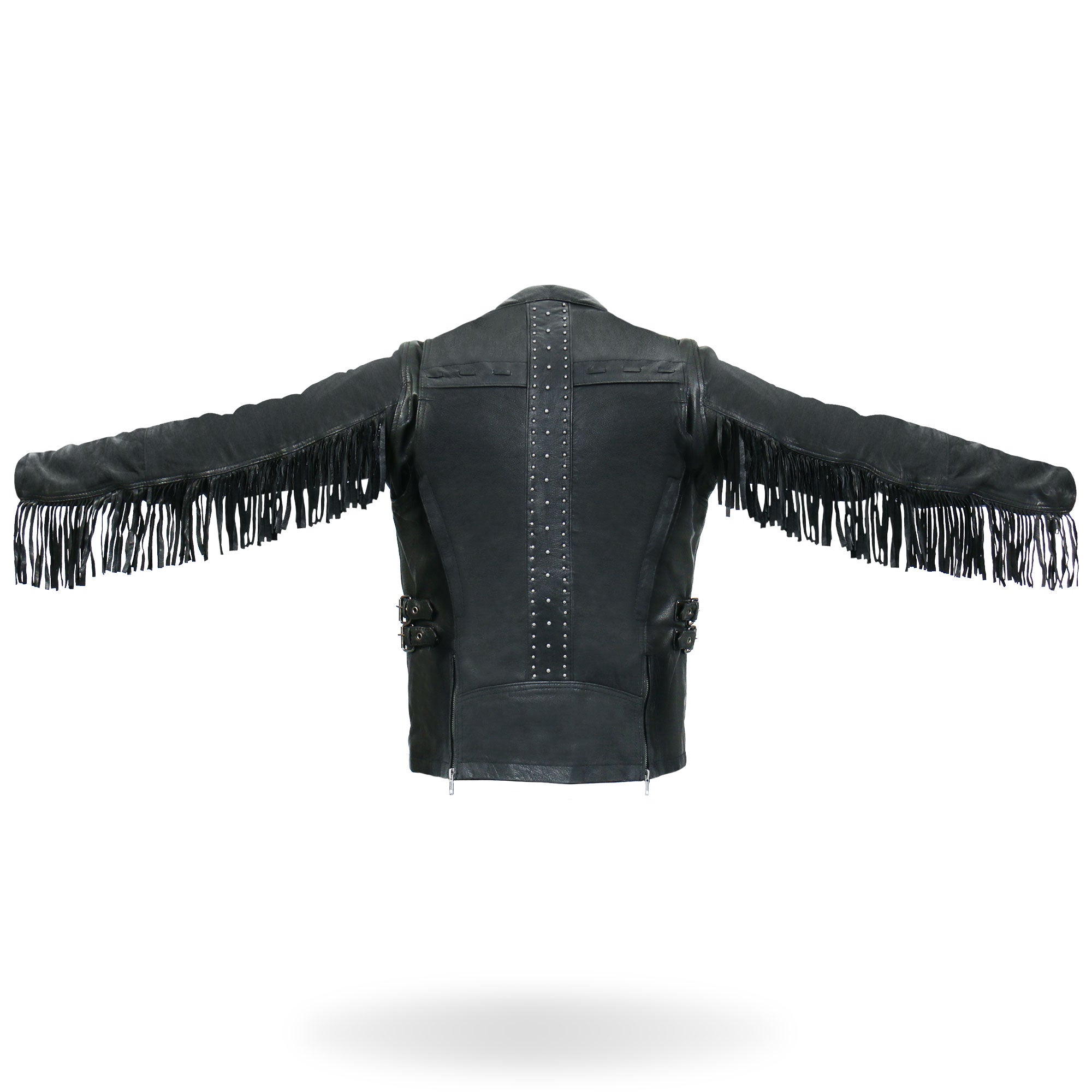 JKL1028 Studs and Fringe Ladies Black Motorcycle style Carry Conceal Leather Biker Jacket