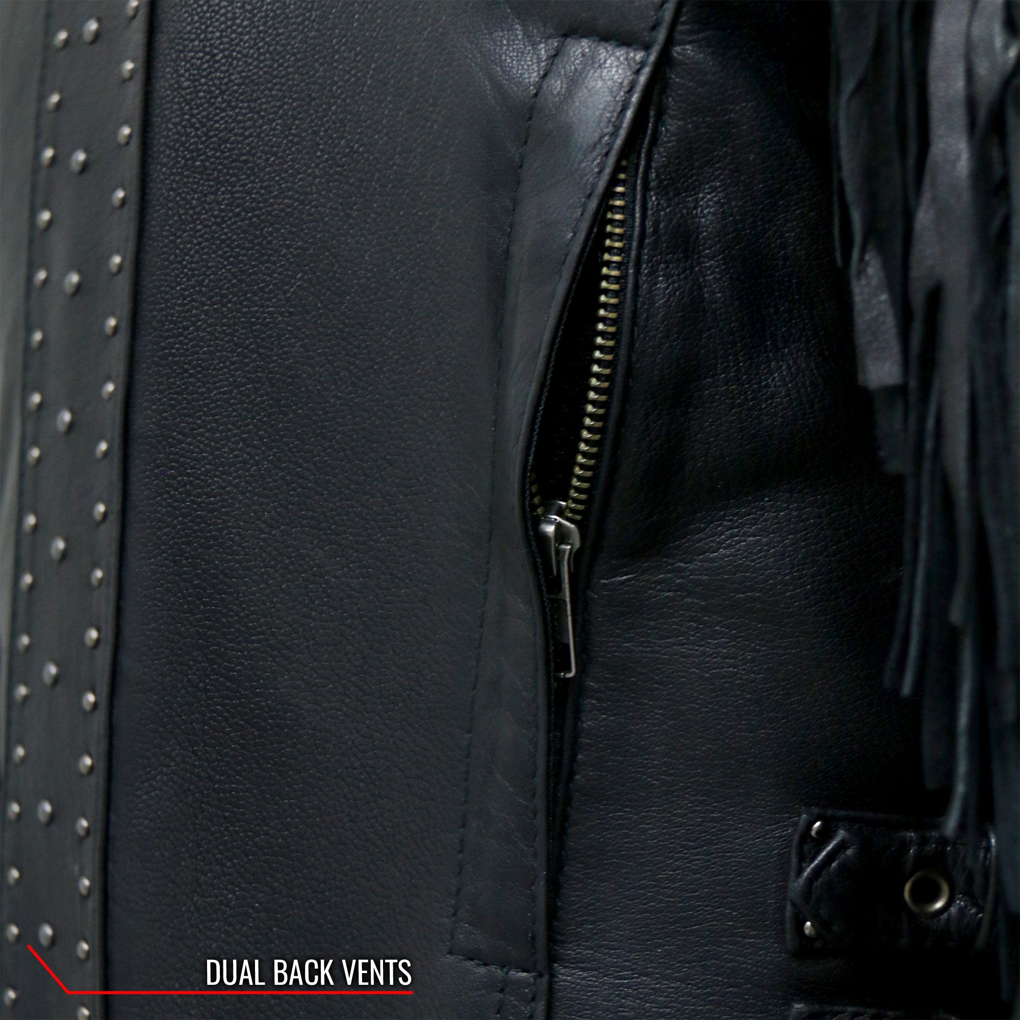 JKL1028 Studs and Fringe Ladies Black Motorcycle style Carry Conceal Leather Biker Jacket