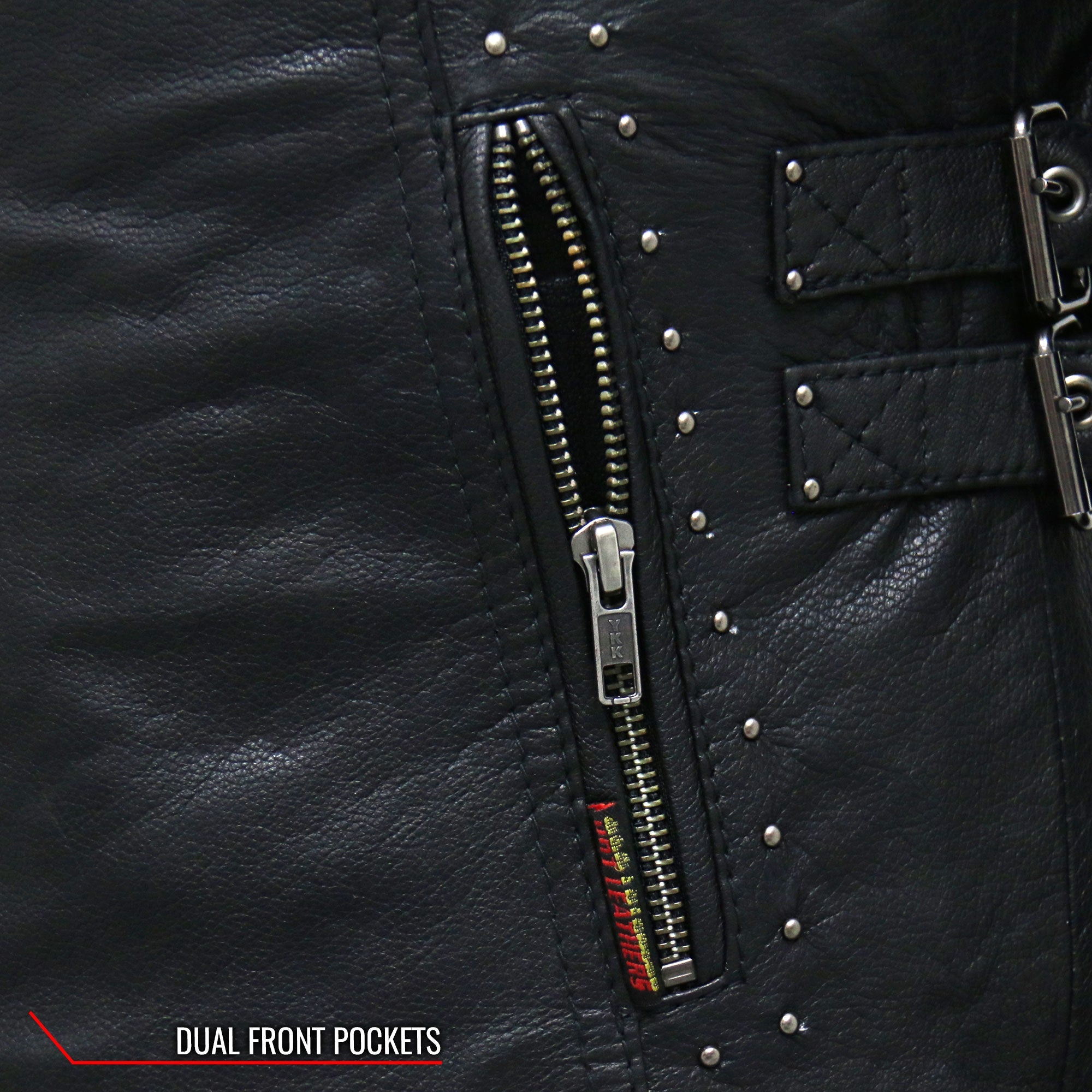 JKL1028 Studs and Fringe Ladies Black Motorcycle style Carry Conceal Leather Biker Jacket