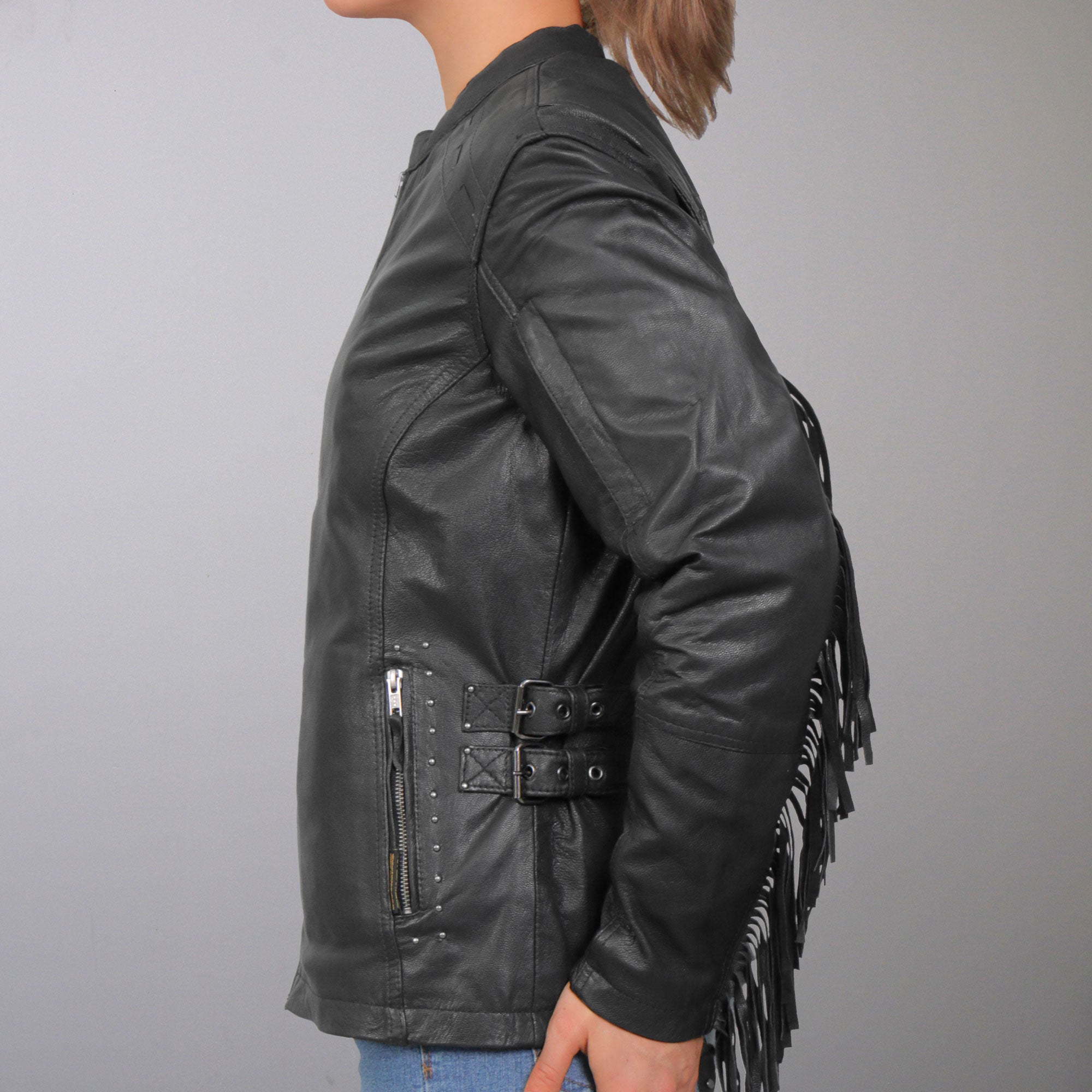 JKL1028 Studs and Fringe Ladies Black Motorcycle style Carry Conceal Leather Biker Jacket