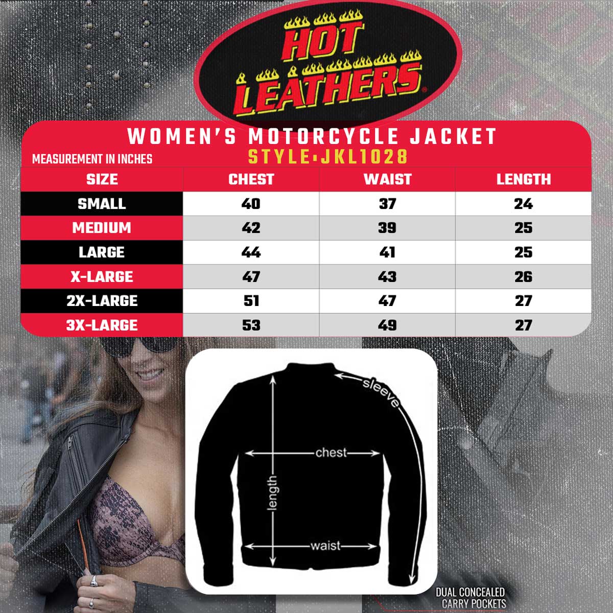 JKL1028 Studs and Fringe Ladies Black Motorcycle style Carry Conceal Leather Biker Jacket