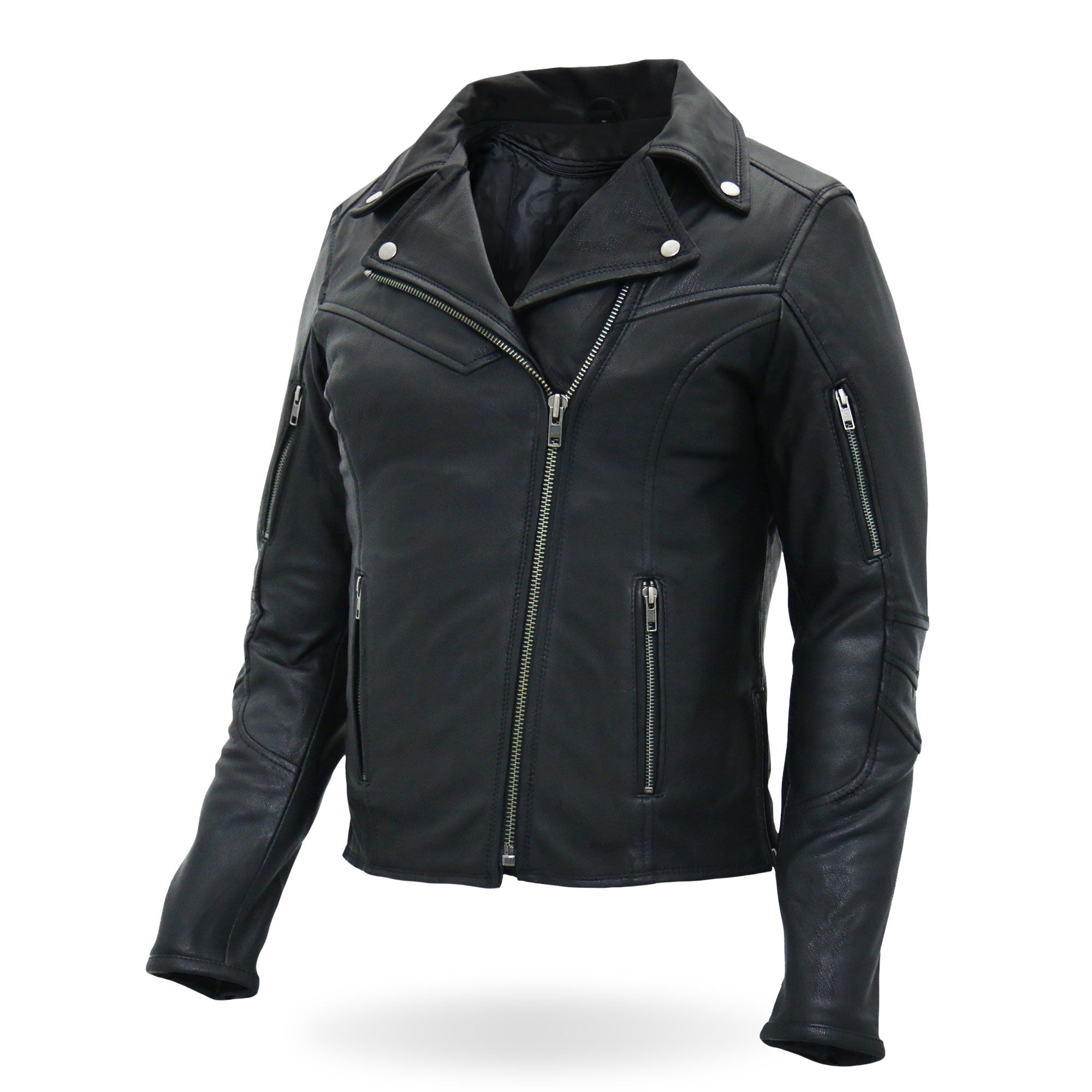 JKL1029 Ladies Leather Motorcycle Concealed carry Biker Jacket with Vents and Side Zippers