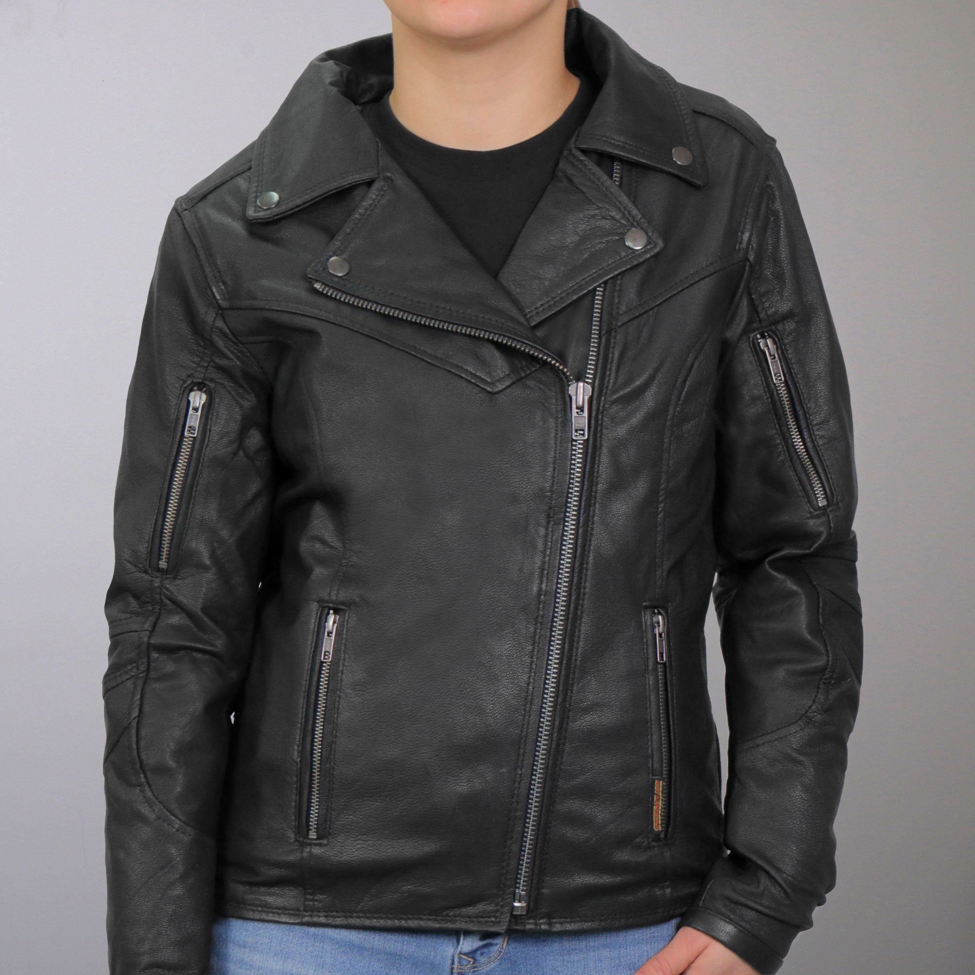 JKL1029 Ladies Leather Motorcycle Concealed carry Biker Jacket with Vents and Side Zippers