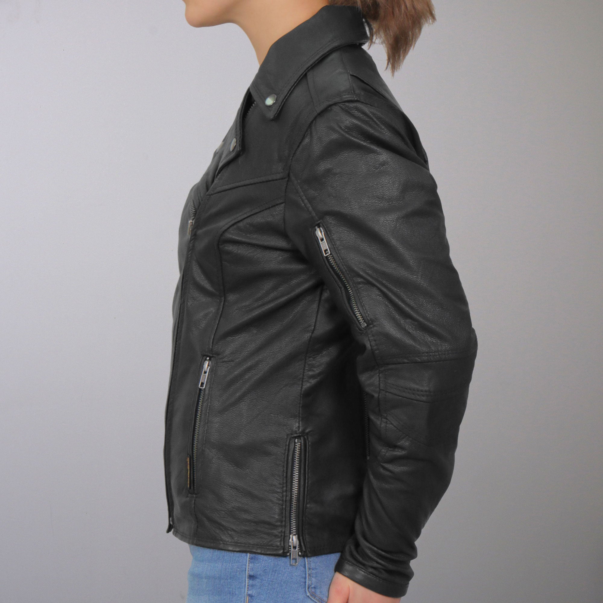JKL1029 Ladies Leather Motorcycle Concealed carry Biker Jacket with Vents and Side Zippers