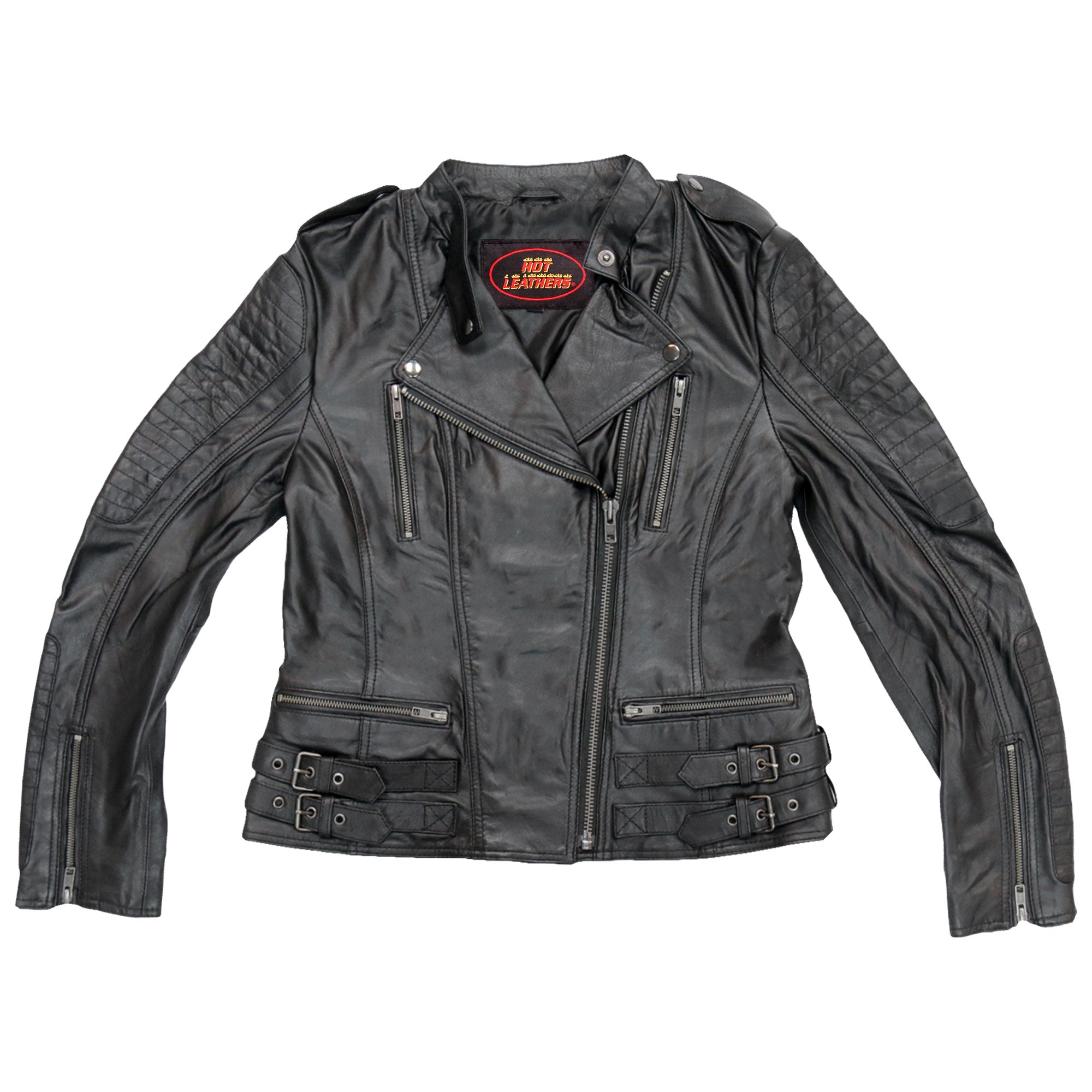 JKL1030 Ladies Lightweight Motorcycle Black Leather Biker Jacket with Side Buckles
