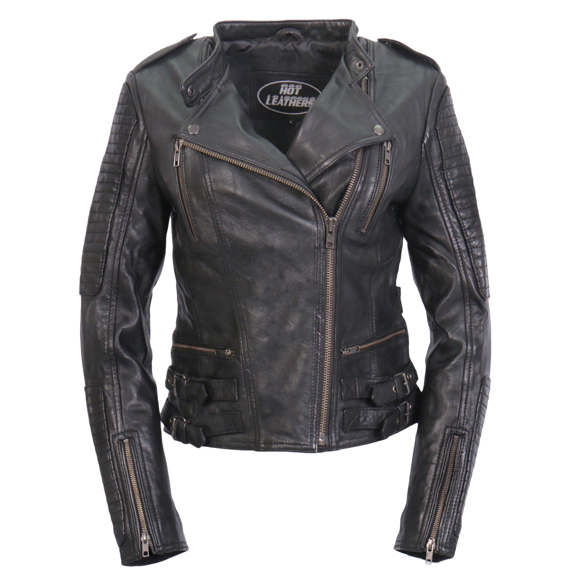 JKL1030 Ladies Lightweight Motorcycle Black Leather Biker Jacket with Side Buckles