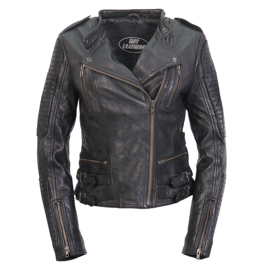 JKL1030 Ladies Lightweight Motorcycle Black Leather Biker Jacket with Side Buckles