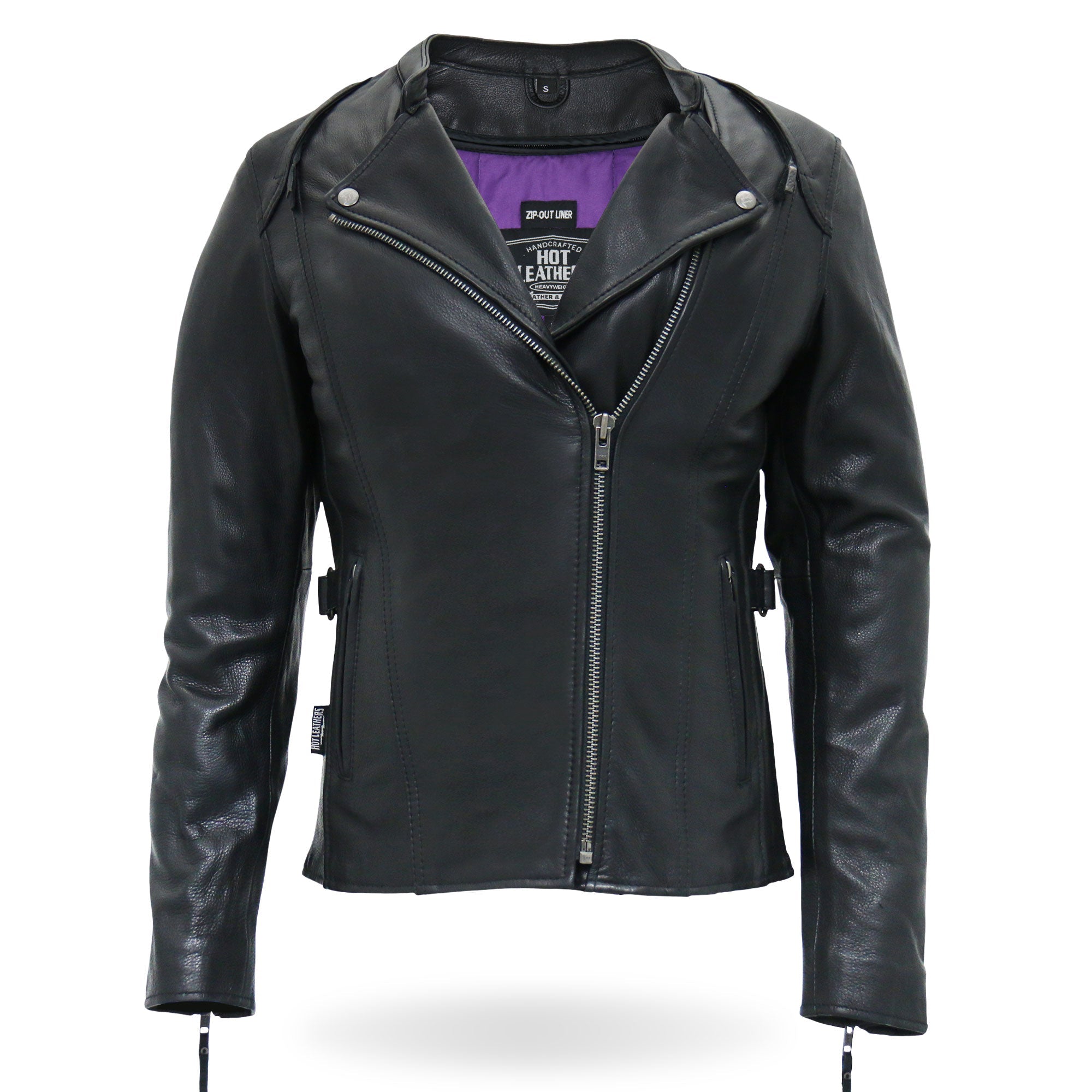 JKL1032 Ladies Motorcycle Black Leather Biker Jacket with Vented Side Snaps