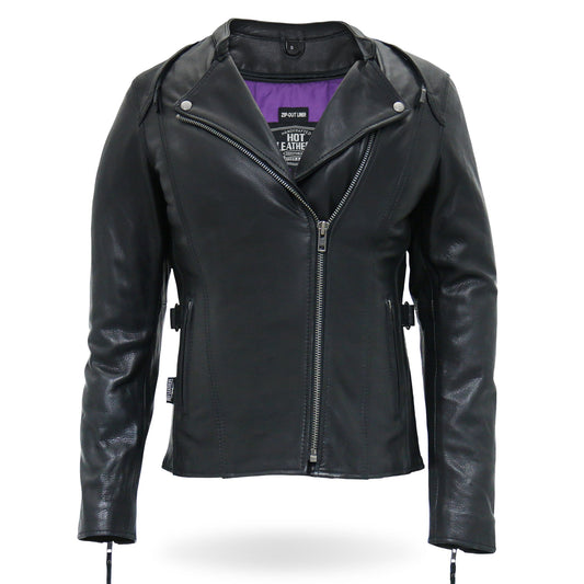 JKL1032 Ladies Motorcycle Black Leather Biker Jacket with Vented Side Snaps